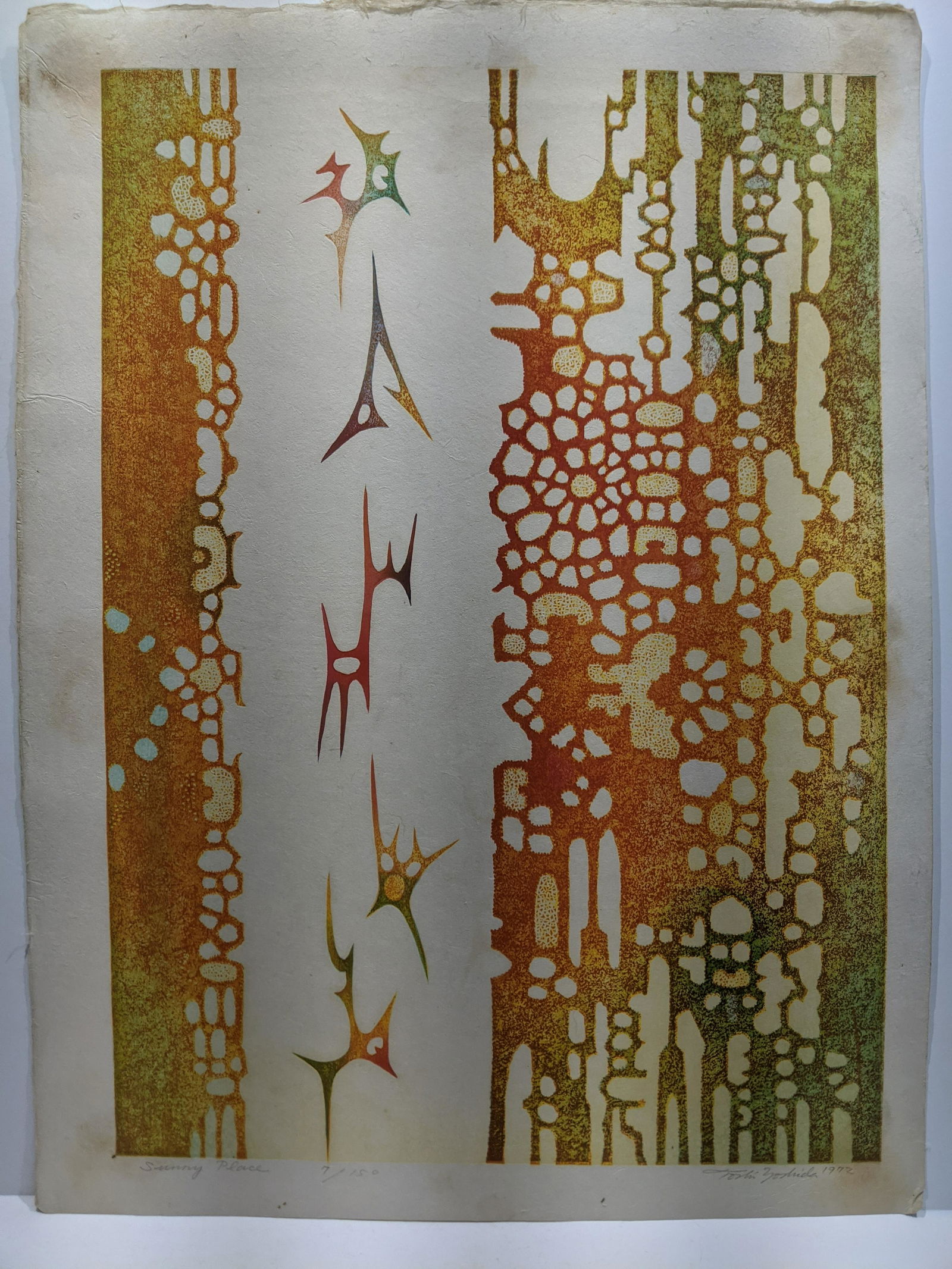 Toshi Yoshida Japanese Woodblock Print Sunny Place: Toshi Yoshida Japanese Woodblock Print Sunny Place. Measurements in inches: 17 1/2 x 22 Condition:Has staining on reverse Has staining on reverse edges and toning Shipping:We offer in-house shipping.