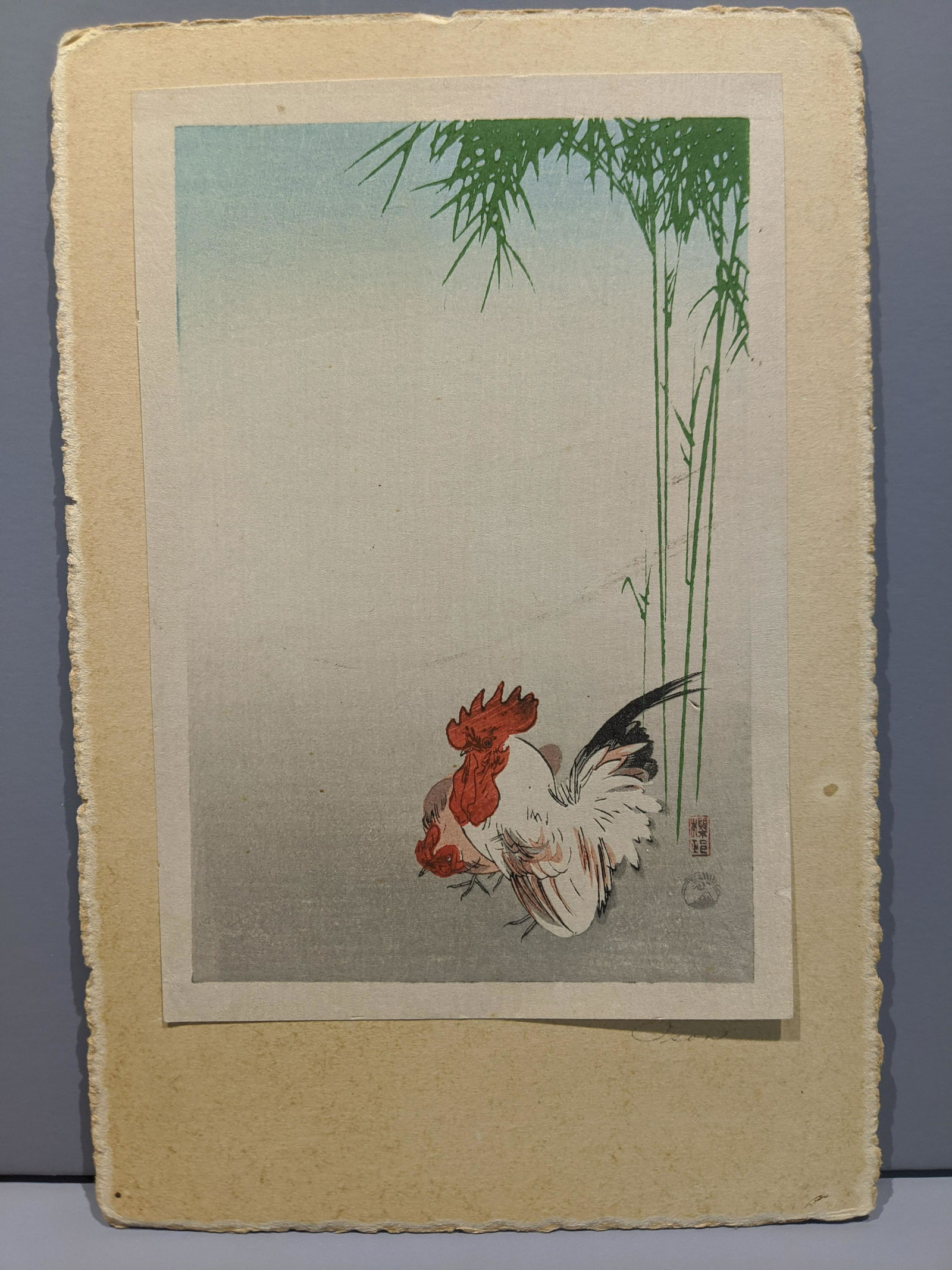 Signed Osan Roosters Small Japanese Woodblock Print (1 of 6)