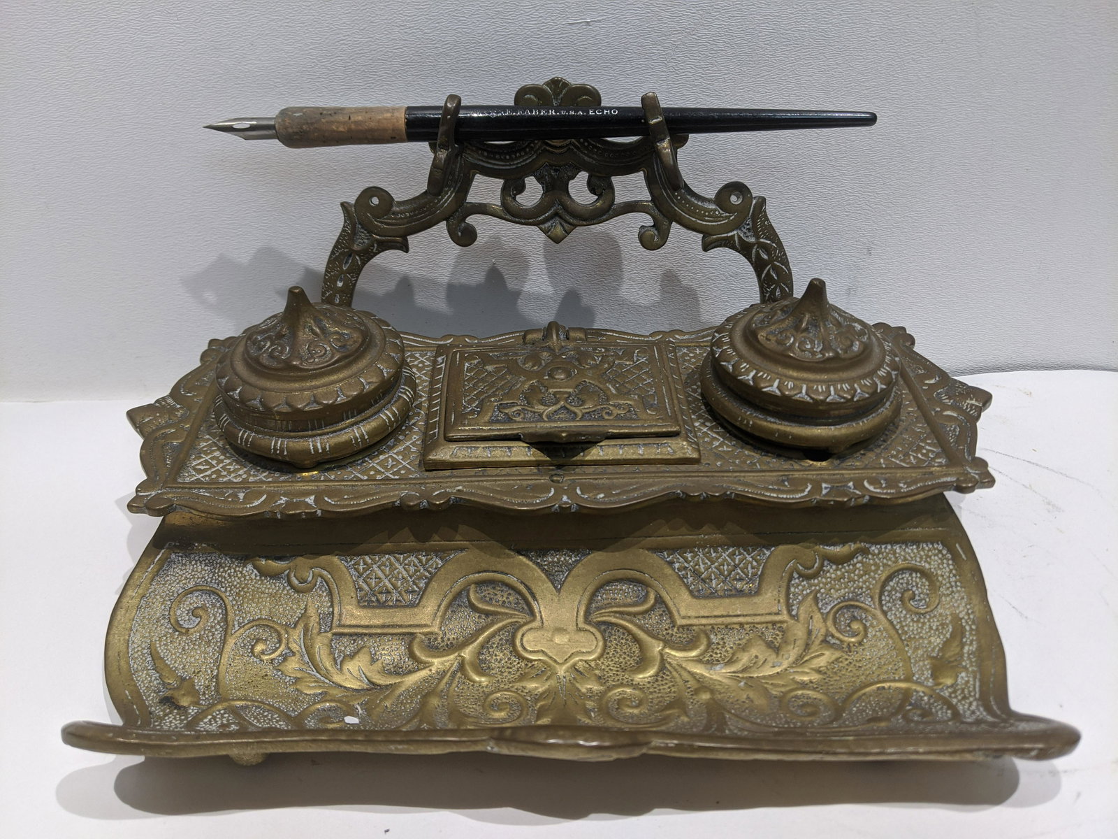 Antique Arts & Crafts Brass Ornate Inkwell & Stamp Hold (1 of 7)