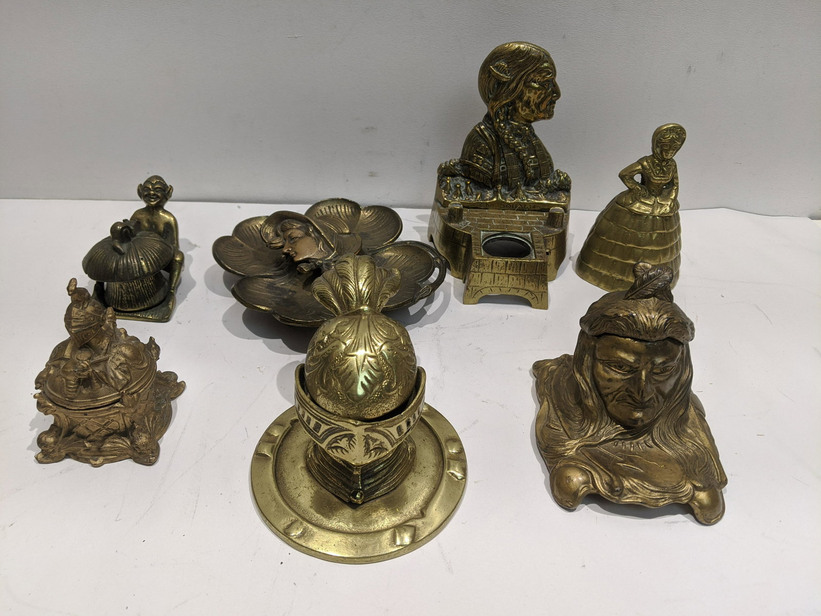 Lot 7 Assorted Brass & Metal Inkwells Knight Indian etc (1 of 8)