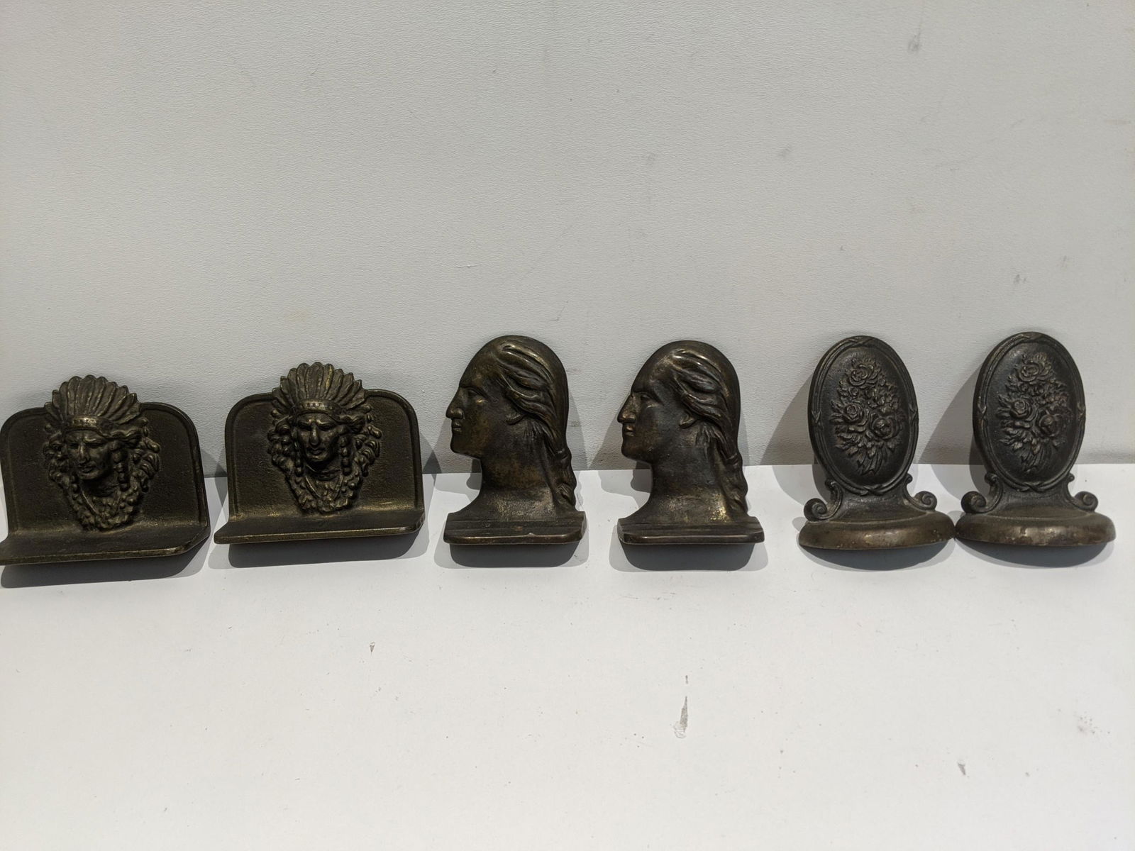 3 Pairs Antique Cast Iron Bookends Indian Flowers etc (1 of 5)