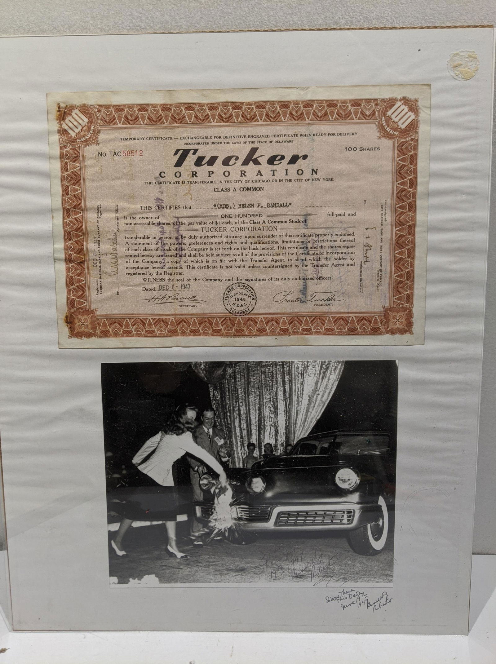 1947 Tucker Corp Stock Certificate & Original Photo (1 of 4)