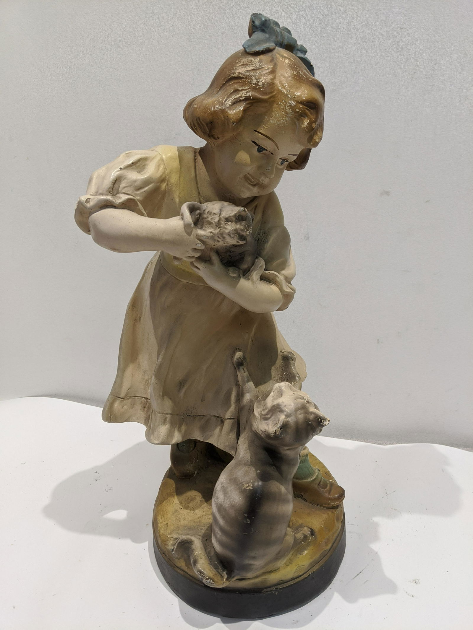 Vintage Signed Belgium Chalkware Figure Girl w/ Cats (1 of 7)