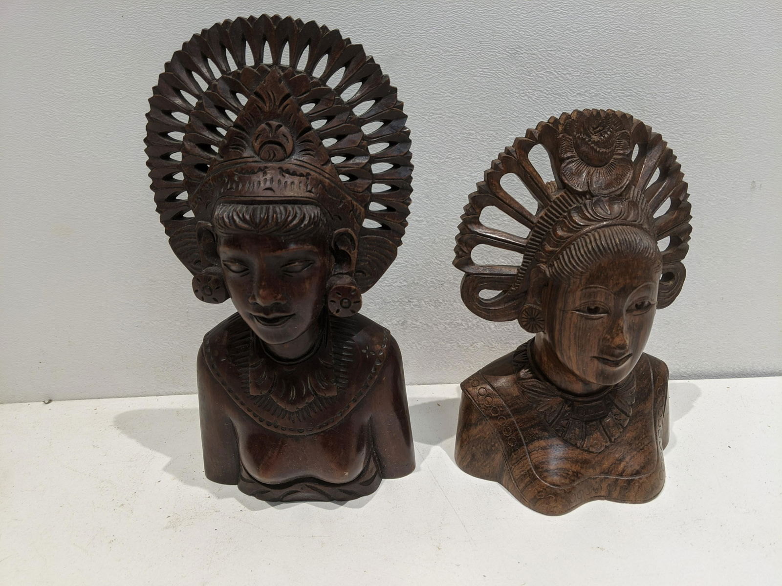 Pair Vintage Handcarved Wood Balinese Dancer Woman Bust (1 of 6)