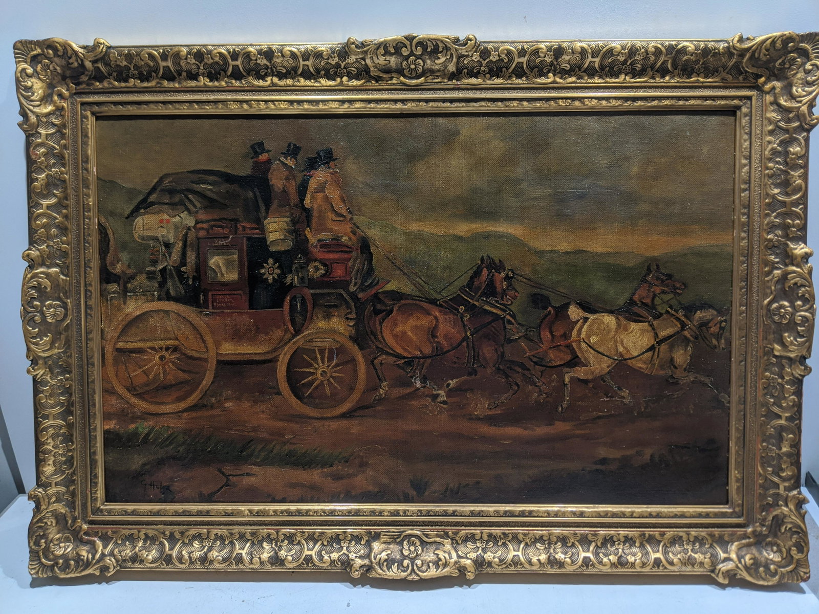 G Holme Signed London Mail Stagecoach Painting: G Holme Signed London Mail Stagecoach Painting, oil on board in ornate frame. Signed lower right. Measurements in inches: 42 x 29, image: 34 1/2 x 21 1/2 Condition:Good with no problem Shipping:We off