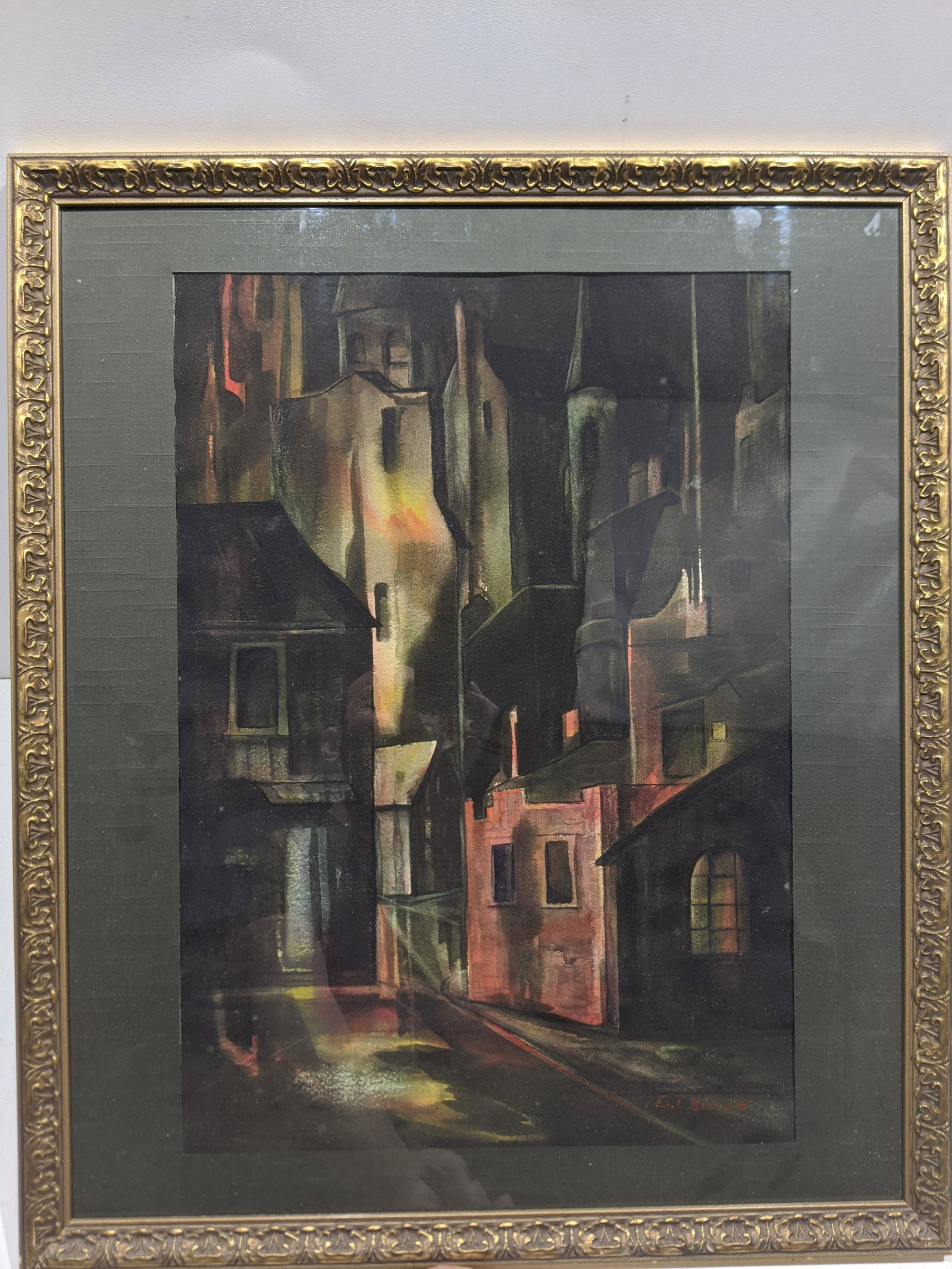 Earl Gessert City at Night Watercolor Painting: Earl Gessert City at Night Watercolor Painting framed under glass. Listed Wisconsin artist born 1918-1996. Measurements in inches: 26 x 21 3/4, image: 21 x 14 1/4 Condition:Good with no problems Shipp