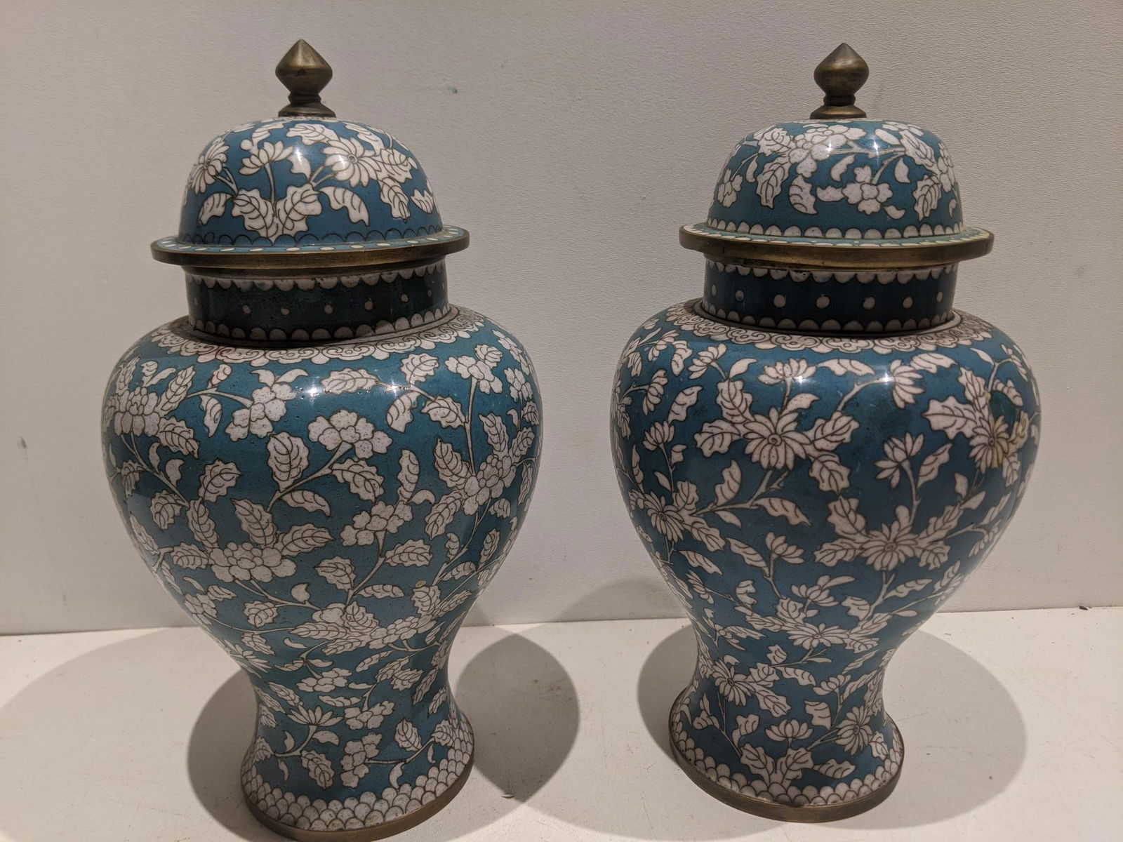 Pair Cloisonne Blue & White Flower China Brass Vases (1 of 7)