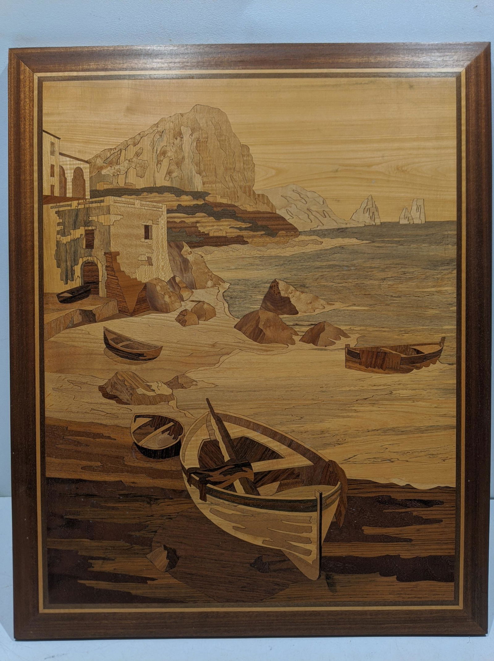 Vintage Lakefront Scene Inlaid Wood Marquetry Picture (1 of 12)