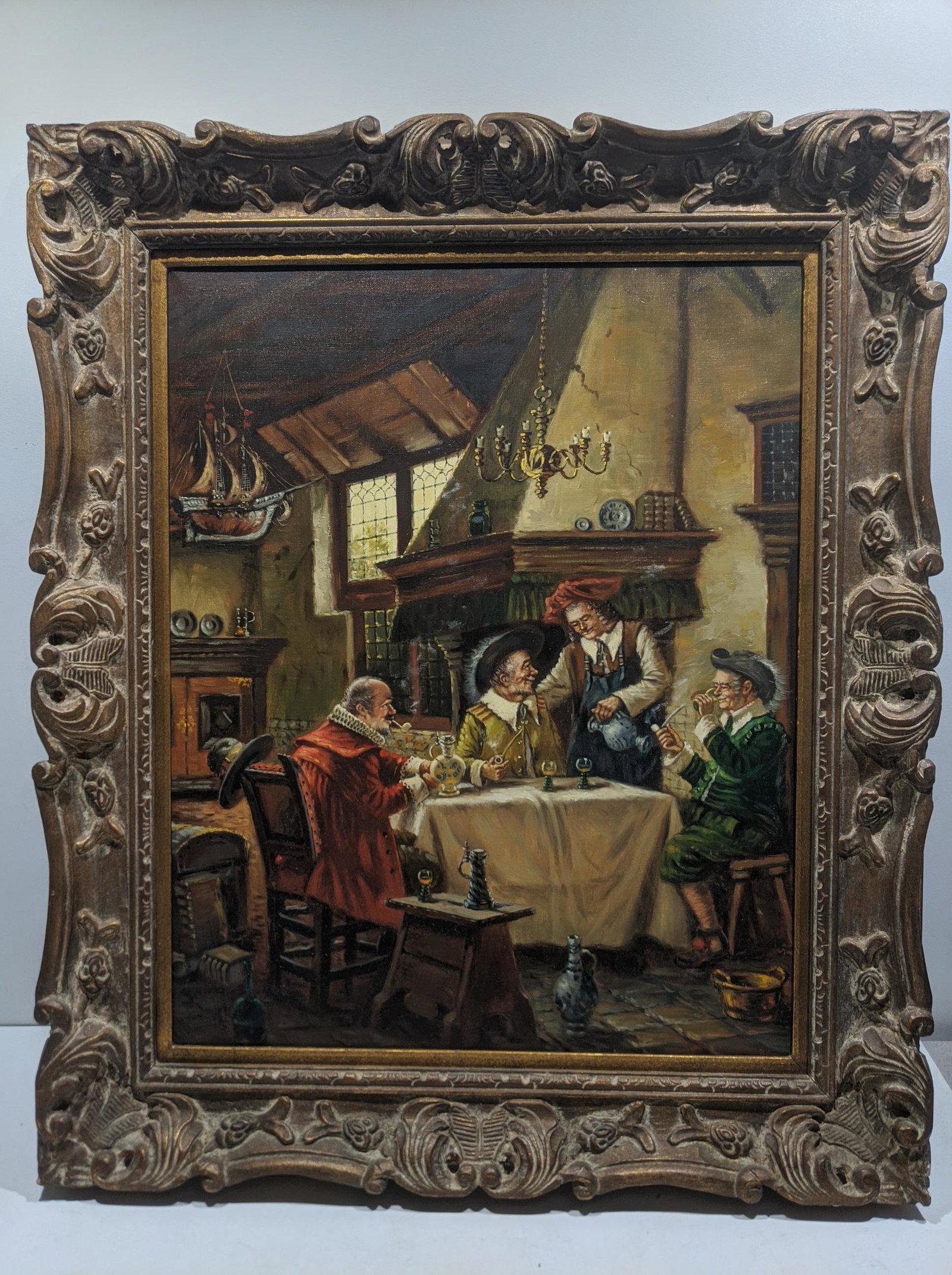Hein Van Doren Drinking at Table Oil Painting: Hein Van Doren Drinking at Table Oil Painting on canvas in frame. Listed 20th Century Dutch artist. Measurements in inches: 39 x 33, image: 31 x 24 Condition:Good with no problems Shipping:We offer in