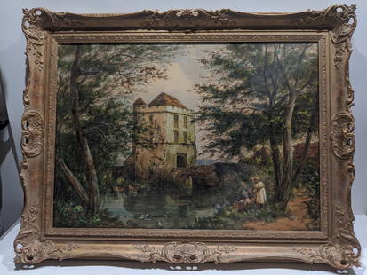 John Absolon Resting Near Gatehouse Watercolor Painting: John Absolon Resting Near Gatehouse Watercolor Painting framed under glass. Not signed. Attributed to John Absolon British artist born 1815 to 1895. Measurements in inches: 37 x 28, image: 22 x 30 Con