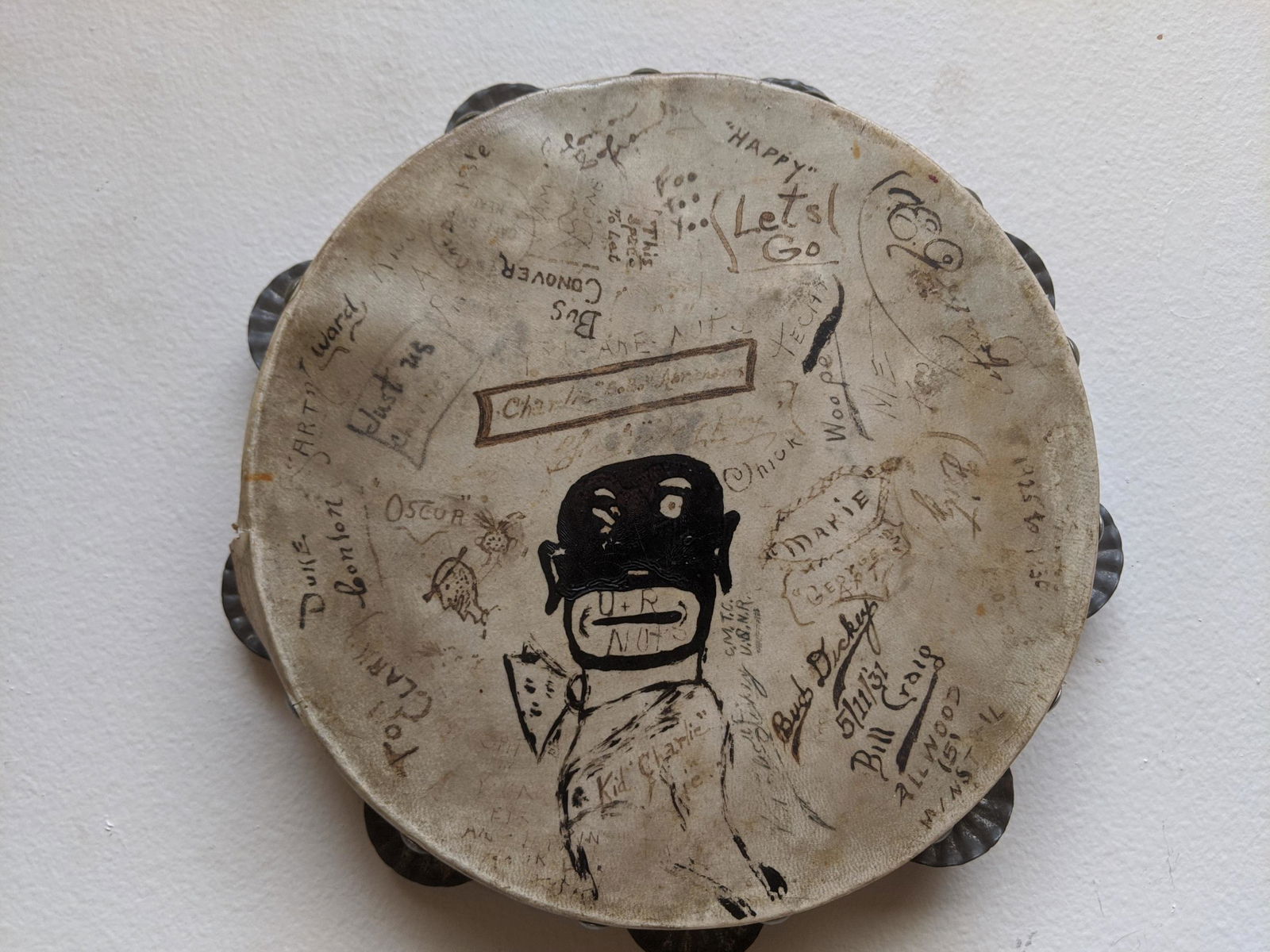 1930's Jazz Musicians Signed  Black Folk Art Tambourine (1 of 8)