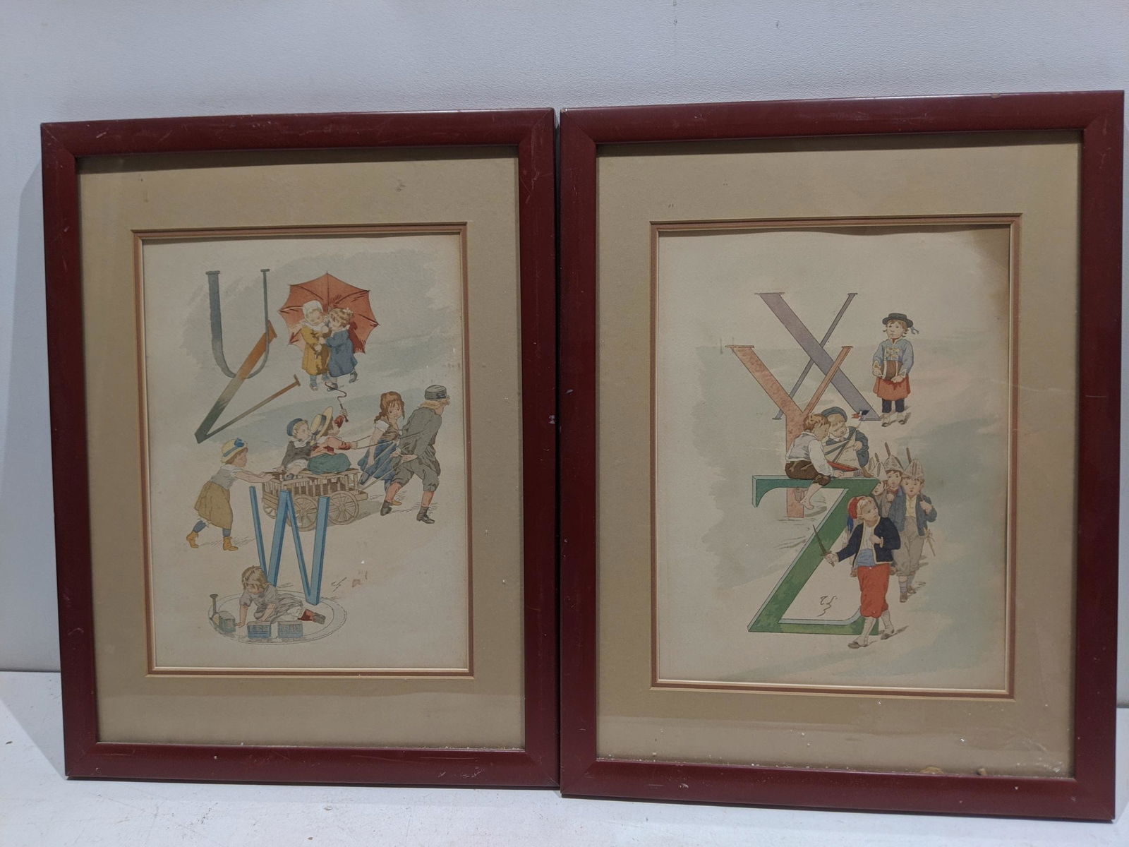 Pair Antique Children Alphabet Color Drawing Prints (1 of 8)
