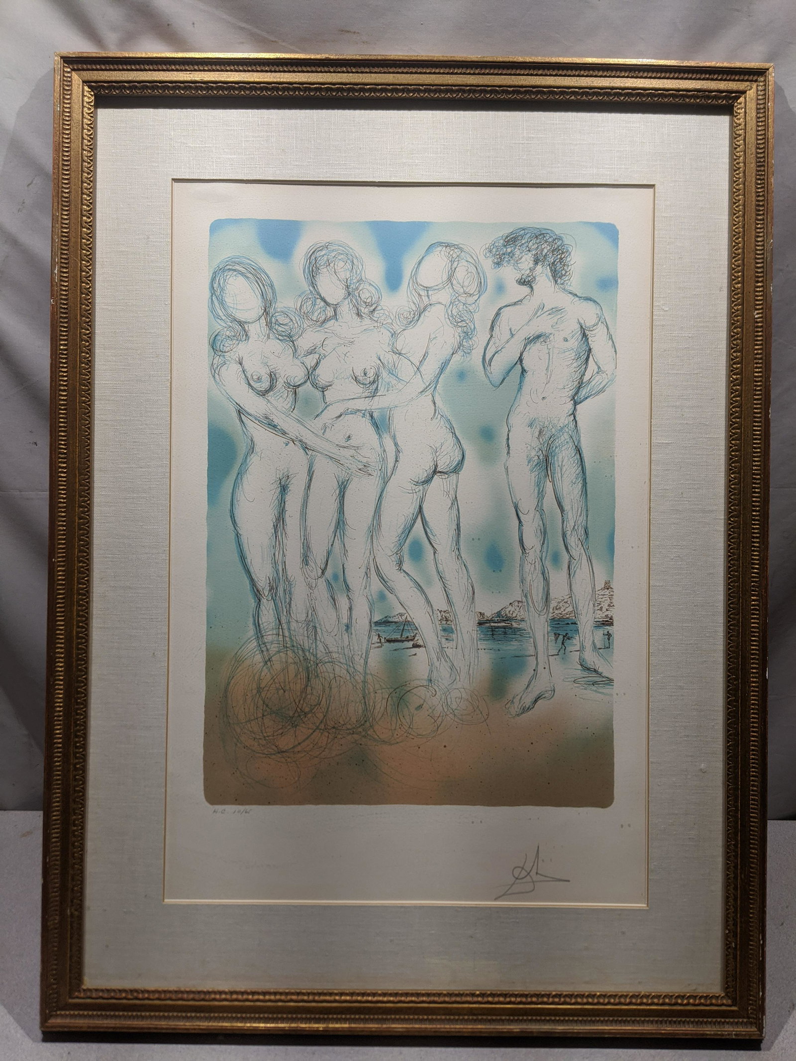 1979 Salvador Dali Judgement of Paris HC Lithograph: 1979 Salvador Dali Judgement of Paris HC Lithograph framed under glass. Pencil signed lower right and numbered lower left HC 10/65. Merrill Chase sticker and bio of artist on reverse. Measurements in 