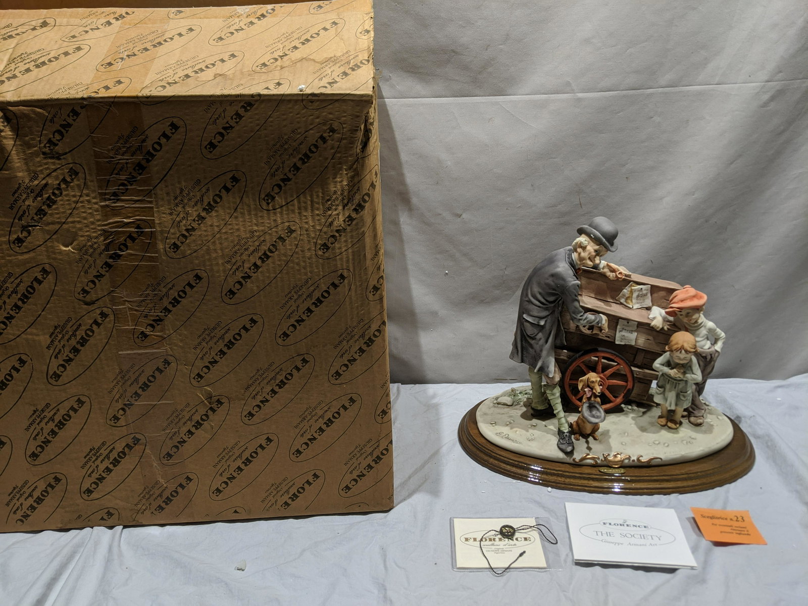 Giuseppe Armani Florence Sculpture The Organ Grinder: Giuseppe Armani Florence Sculpture The Organ Grinder in box with papers. Measurements in inches: 14 high x 9 x 16 Condition:Looks new in box. Box and Styrofoam have some damage Shipping:We offer in-ho