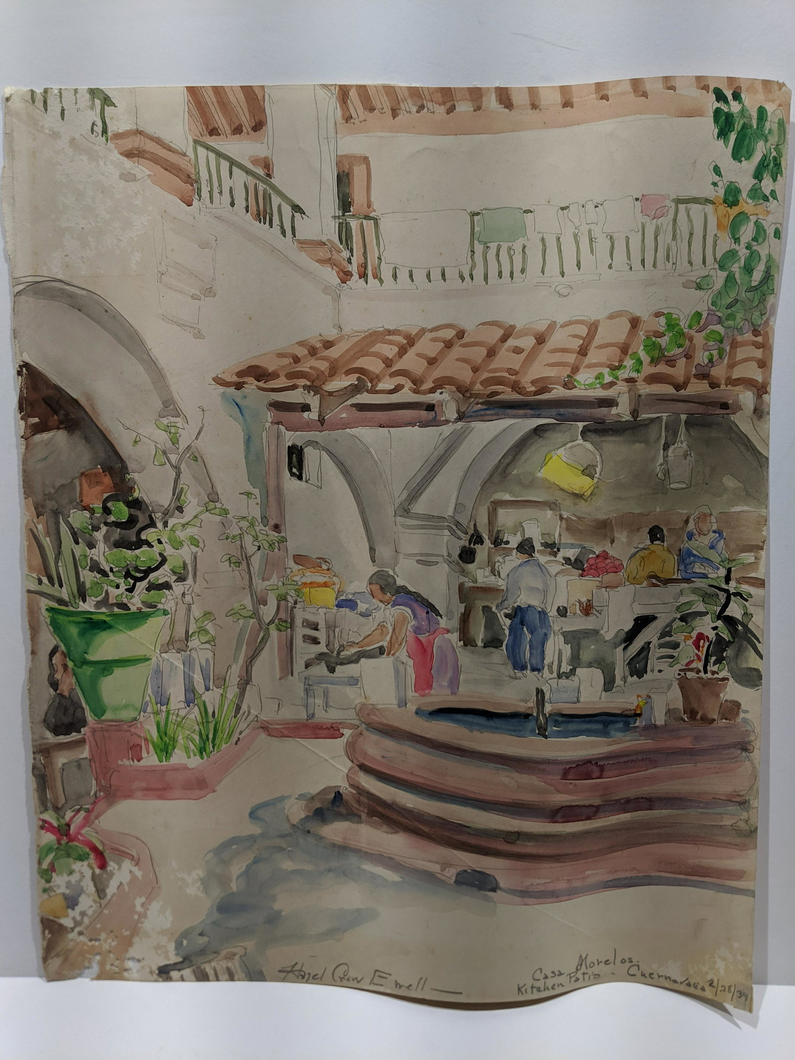 1939 Hazel Ewell Watercolor Painting Casa Morelos: 1939 Hazel Ewell Watercolor Painting Casa Morelos, unframed. Signed and titled at bottom. Listed Illinois artist born 1888 to 1972.. Measurements in inches: 14 x 17 Condition:Has crease, wavy, lower l