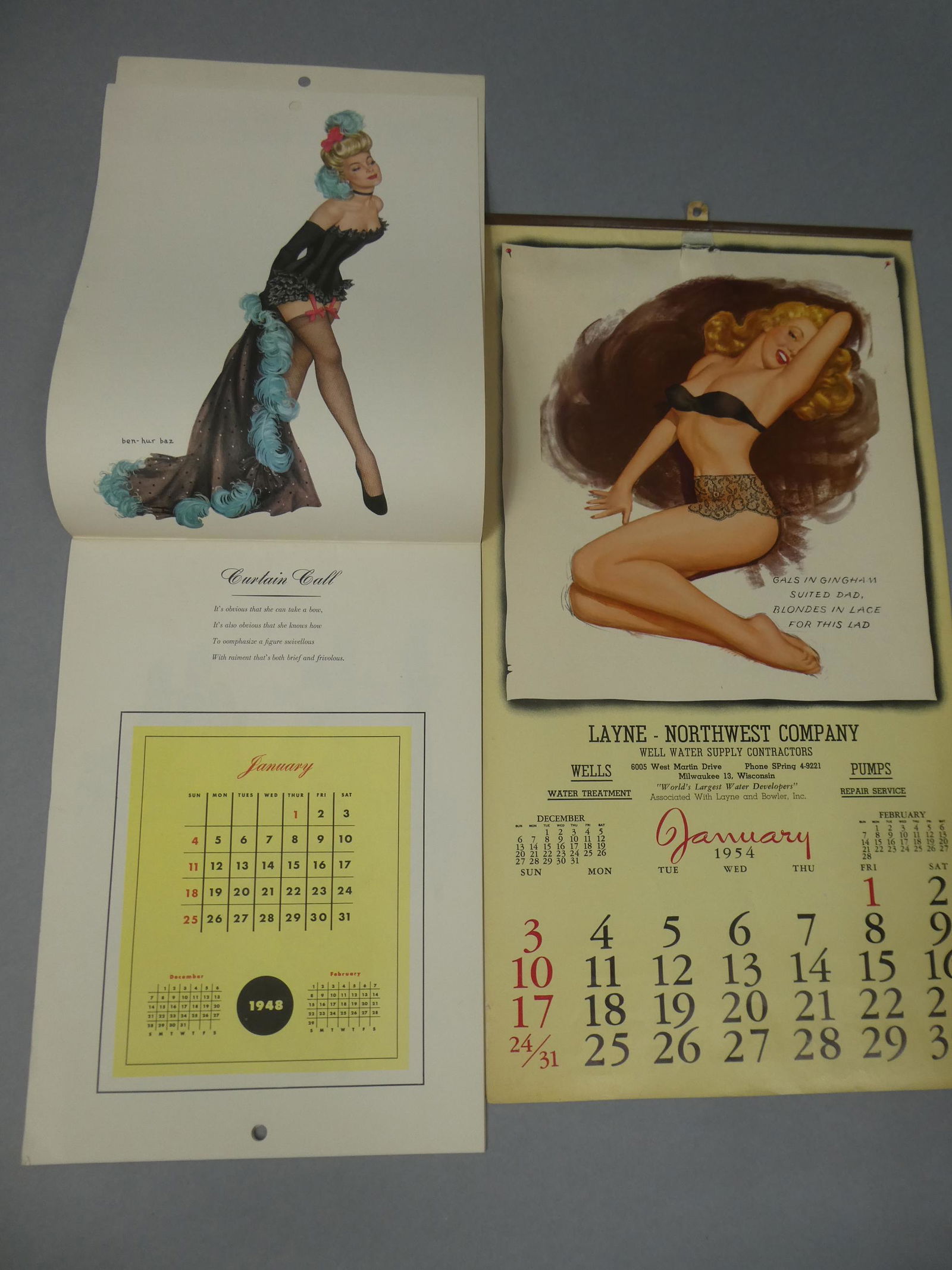 Pair Vintage Pinup Girlie Calendars 1948 Esquire & 1954: Pair Vintage Pinup Girlie Calendars 1948 Esquire & 1954. Measurements in inches: 19 x 10 and 12 x 8 1/2 Condition:Mild wear with age Shipping:We offer in-house shipping. Item(s) will be packed after i