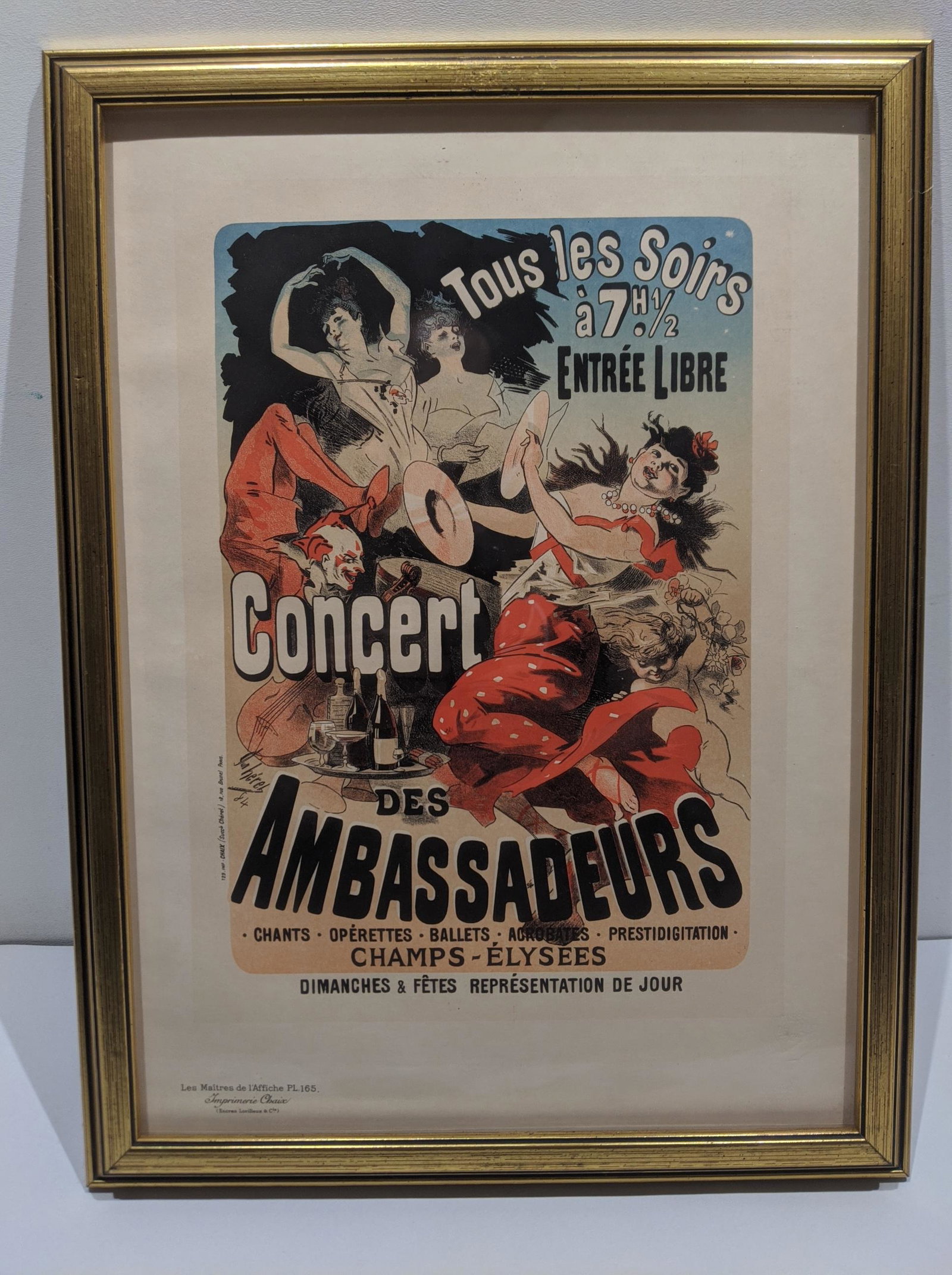 Original L'affiche PL 165 Concert des Ambassadeurs: Original L'affiche PL 165 Concert des Ambassadeurs. Embossed mark and framed under glass. Measurements in inches: 13 x 17 1/4, image: 11 x 15 Condition:Has toning along old matting lines Shipping:We o