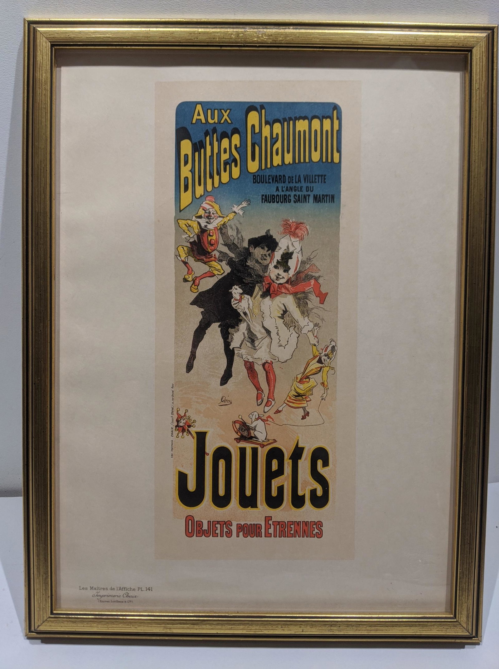 Original L'affiche PL 141 Aux Buttes Chaumont: Original L'affiche PL 141 Aux Buttes Chaumont. Embossed mark and framed under glass. Measurements in inches: 13 x 17 1/4, image: 11 x 15 Condition:Has toning along old matting lines Shipping:We offer 