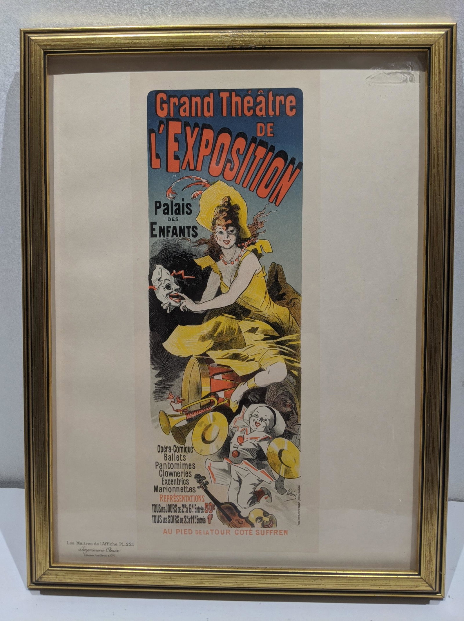 Original L'affiche PL 221 Hrand Theatre de L'Expostion: Original L'affiche PL 221 Hrand Theatre de L'Expostion. Embossed mark and framed under glass. Measurements in inches: 13 x 17 1/4, image: 11 x 15 Condition:Has toning along old matting lines Shipping: