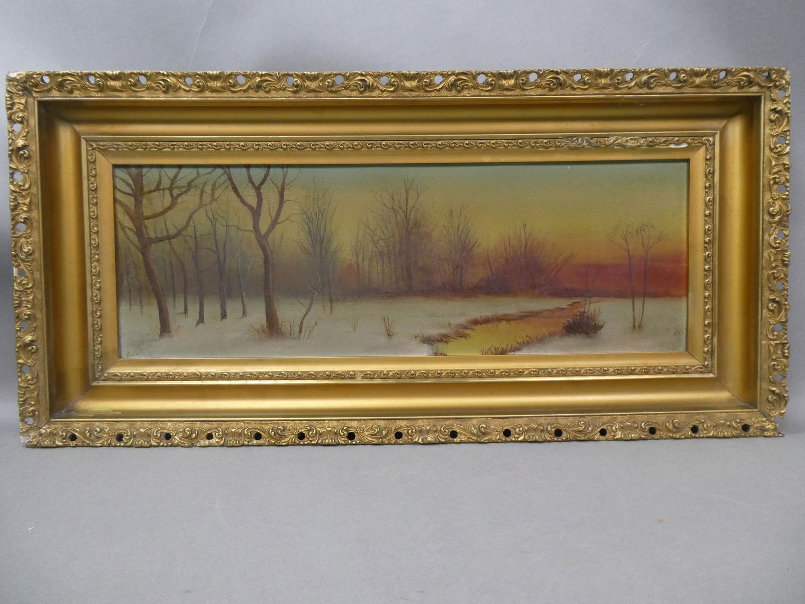 1912 Signed W Vassal? Winter Sunset Oil Painting (1 of 9)