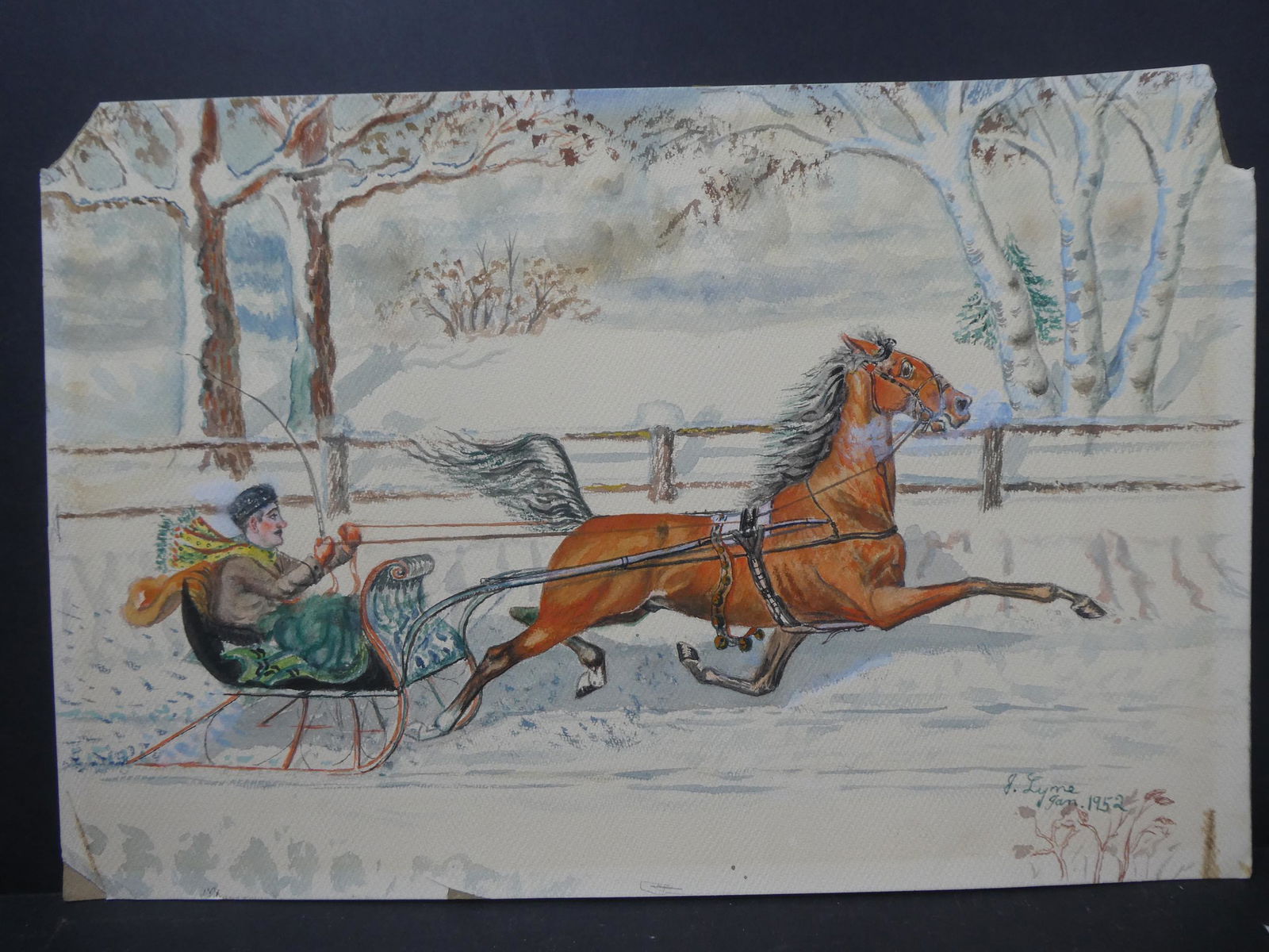 1952 John S Lyne Horse Drawn Sleigh Watercolor Painting (1 of 13)