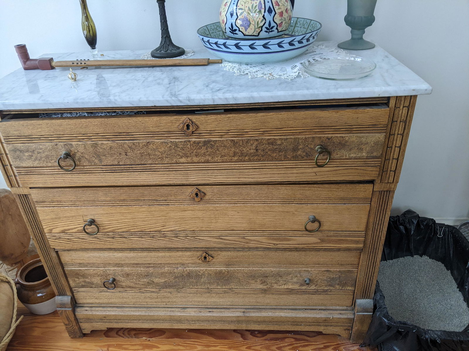 Antique Oak 3 Drawer Dresser w/ White Marble Top (1 of 6)