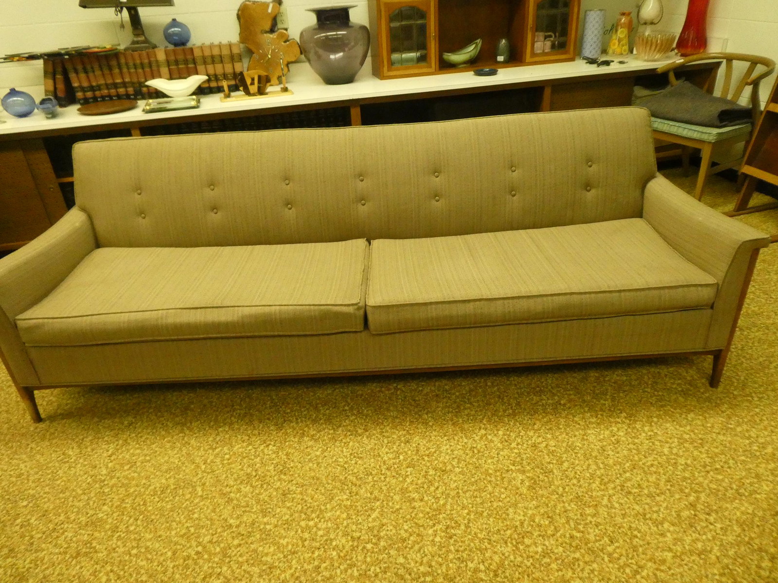 MCM Gray Nylon Frieze Upholstered & Wood Couch: MCM Gray Nylon Frieze Upholstered & Wood Couch. Buyer to arrange pick up or delivery from Twin Lakes Wisconsin. Measurements in inches: 30 high x 32 x 92 Condition:Has some stains Shipping:Buyer to ar