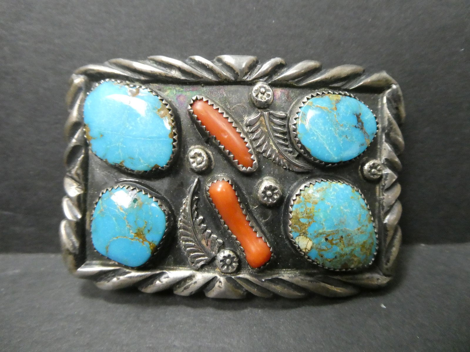Vintage Silver & Turquoise Native Indian Belt Buckle (1 of 4)