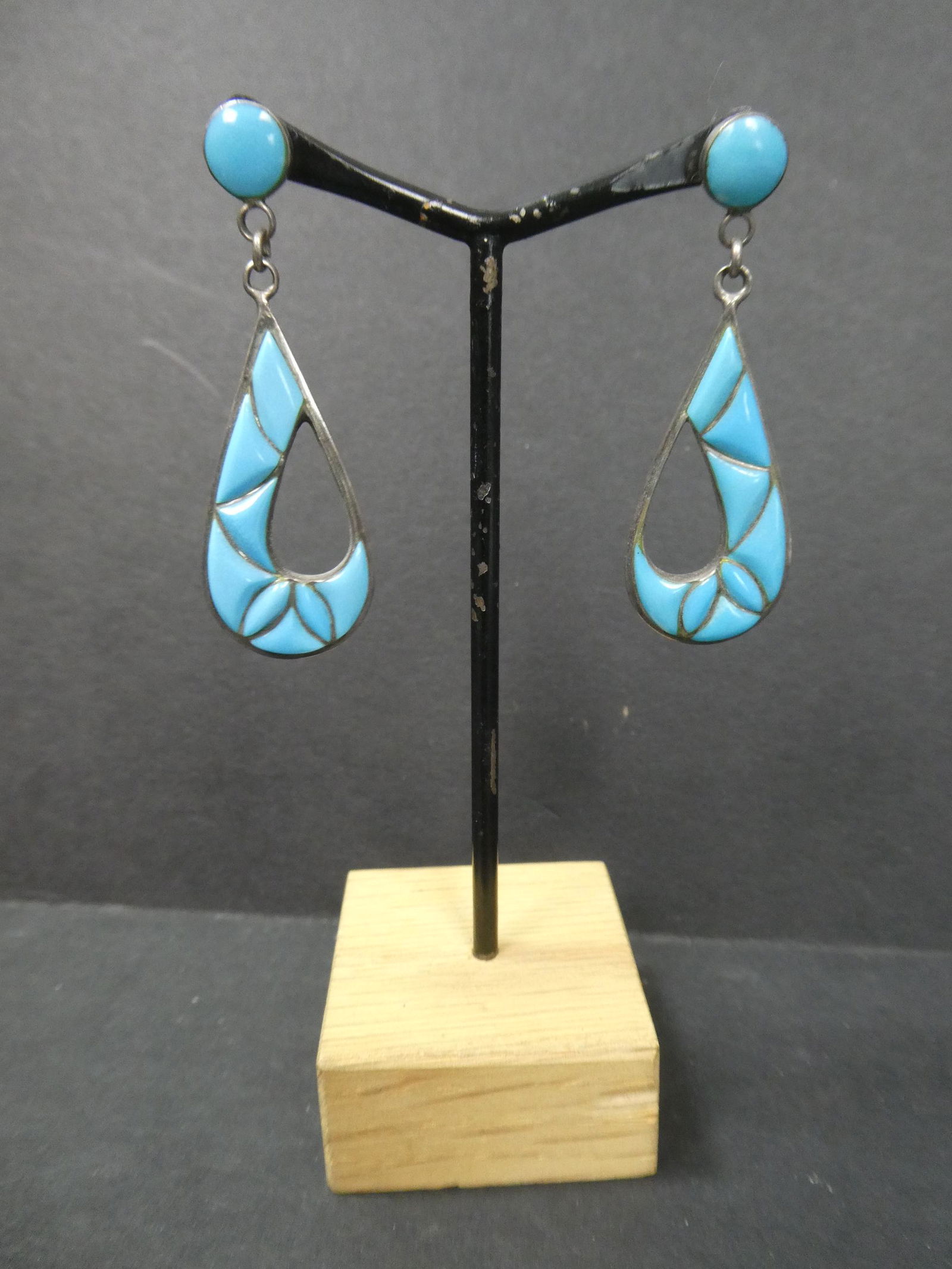 1950's Zuni Turquoise Sterling Silver Teardrop Earrings (1 of 4)