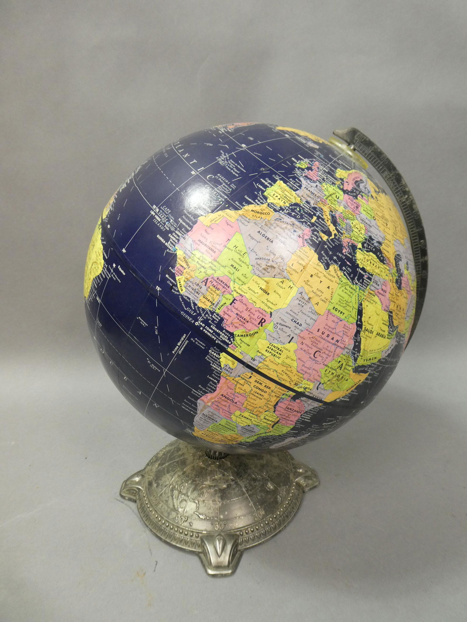 Vintage Reploge Globemaster 12" Blue Globe: Vintage Reploge Globemaster 12" Blue Globe on metal base. Measurements in inches: 12" Condition:Normal wear with age and use Shipping:We offer in-house shipping. Item(s) will be packed after invoice i