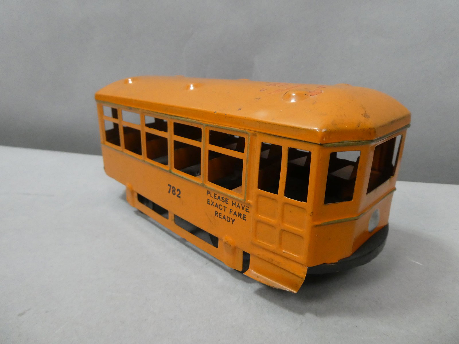 1930's Pressed Steel Kingsbury Toys Wind-up Trolly: 1930's Pressed Steel Kingsbury Toys Wind-up Trolly 782. Measurements in inches: 10 long Condition:Has some paint overspray on roof Shipping:We offer in-house shipping. Item(s) will be packed after inv