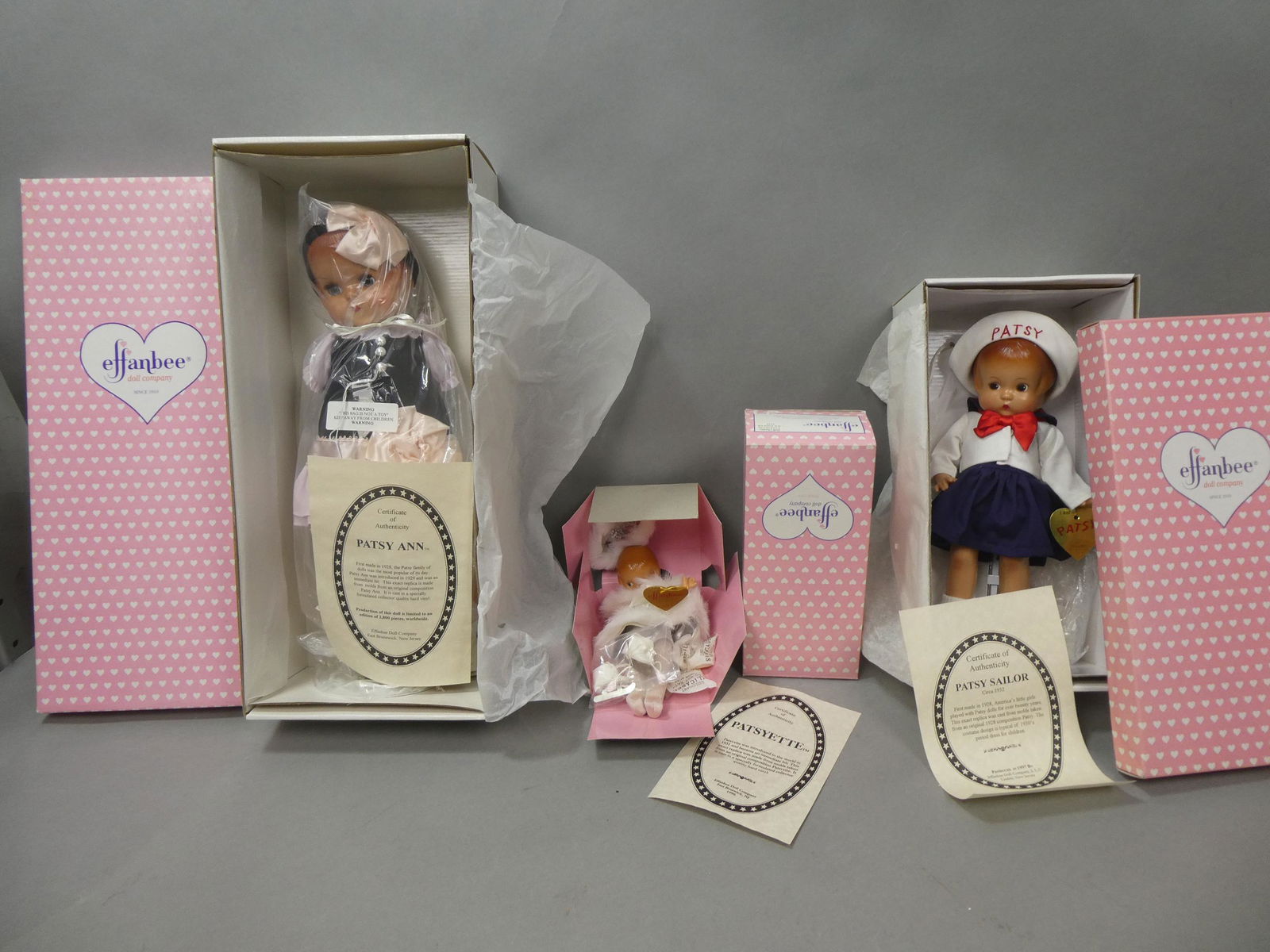 Lot 3 Effanbee Patsy Repro Dolls in Boxes Sailor Ann et: Lot 3 1998 Effanbee Patsy Repro Dolls in Boxes including Sailor, Ann and Patsyette. Measurements in inches: 9, 12 and 17 high Condition:One needs restringing Shipping:We offer in-house shipping. Item(