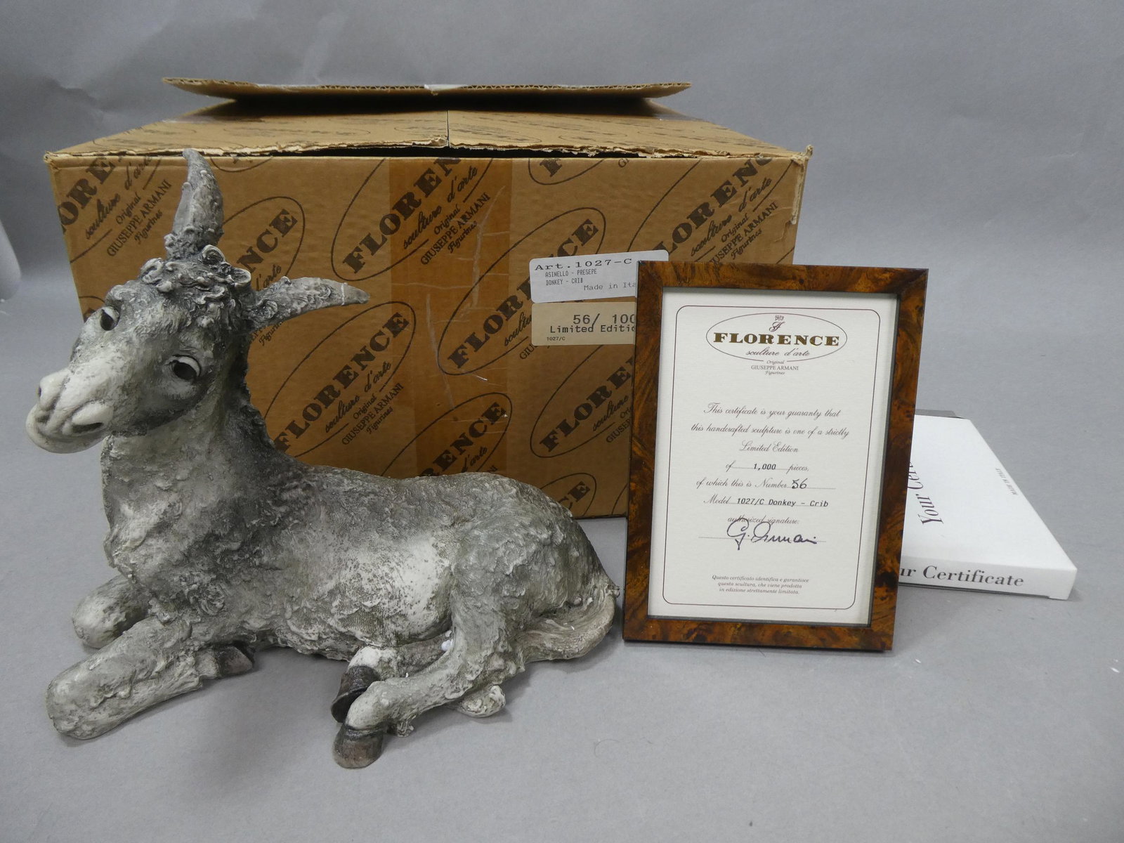 Guiseppe Armani Florence Nativity Set Donkey Crib: Guiseppe Armani Florence Nativity Set Donkey Crib model 1027/C in box with certificate of authenticity. Limited Edition 56/1000.. Measurements in inches: 10 high x 10 long Condition:Has a repaired tip
