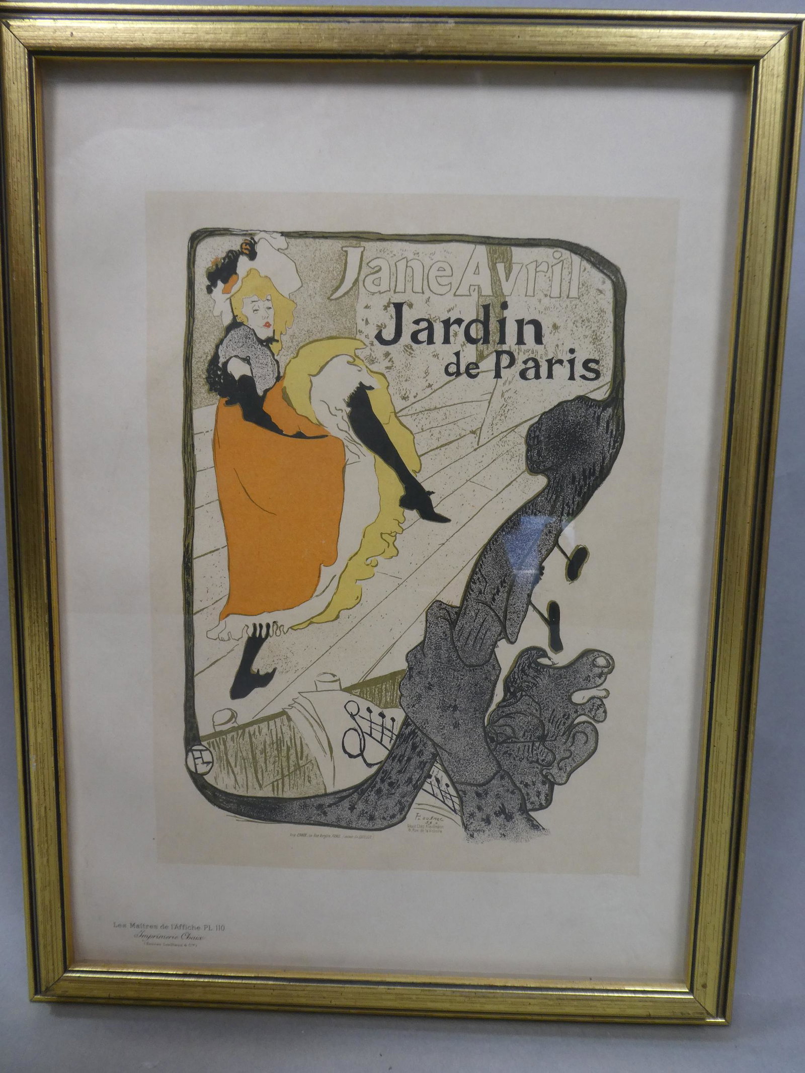 Toulouse-Lautrec Jane Avril PL 110 Maitres L'Affiche: Les Maitres De L'Affiche Plate 110 with embossed stamp. Titled: Jane Avril by artist: Toulouse-Lautrec. Framed under plastic. Measurements in inches: 17 1/2 x 13, image: 12 x 8 Condition:Has toning Sh