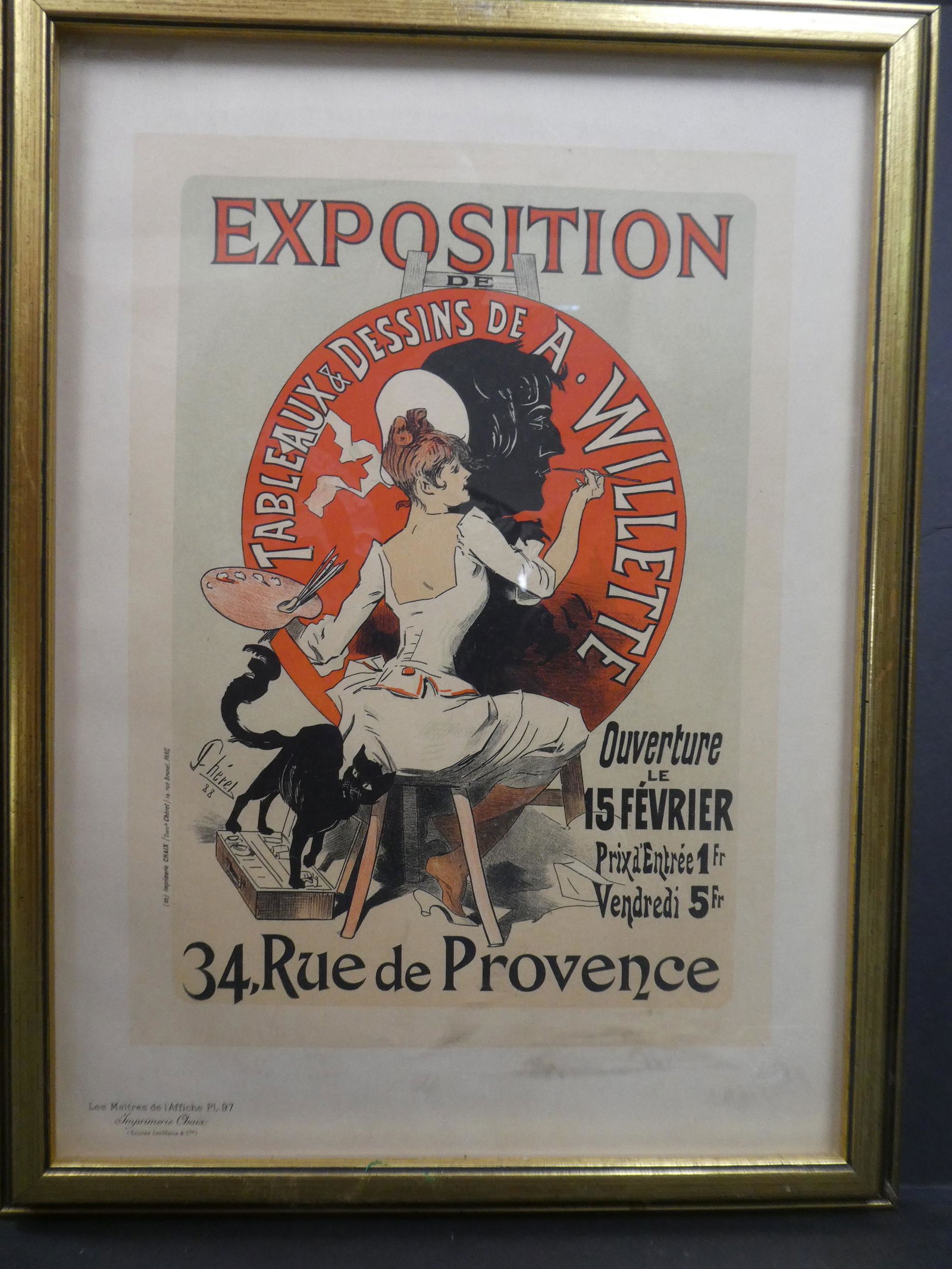 Maitres de L'Affiche PL 97 Jules Cheret Exposition: Les Maitres De L'Affiche Plate 97 with embossed stamp. Titled:Exposition 34, Rue de Provence by artist: Jules Cheret. Framed under plastic. Measurements in inches: 13 x 17, image: 8 x 12 Condition:Has