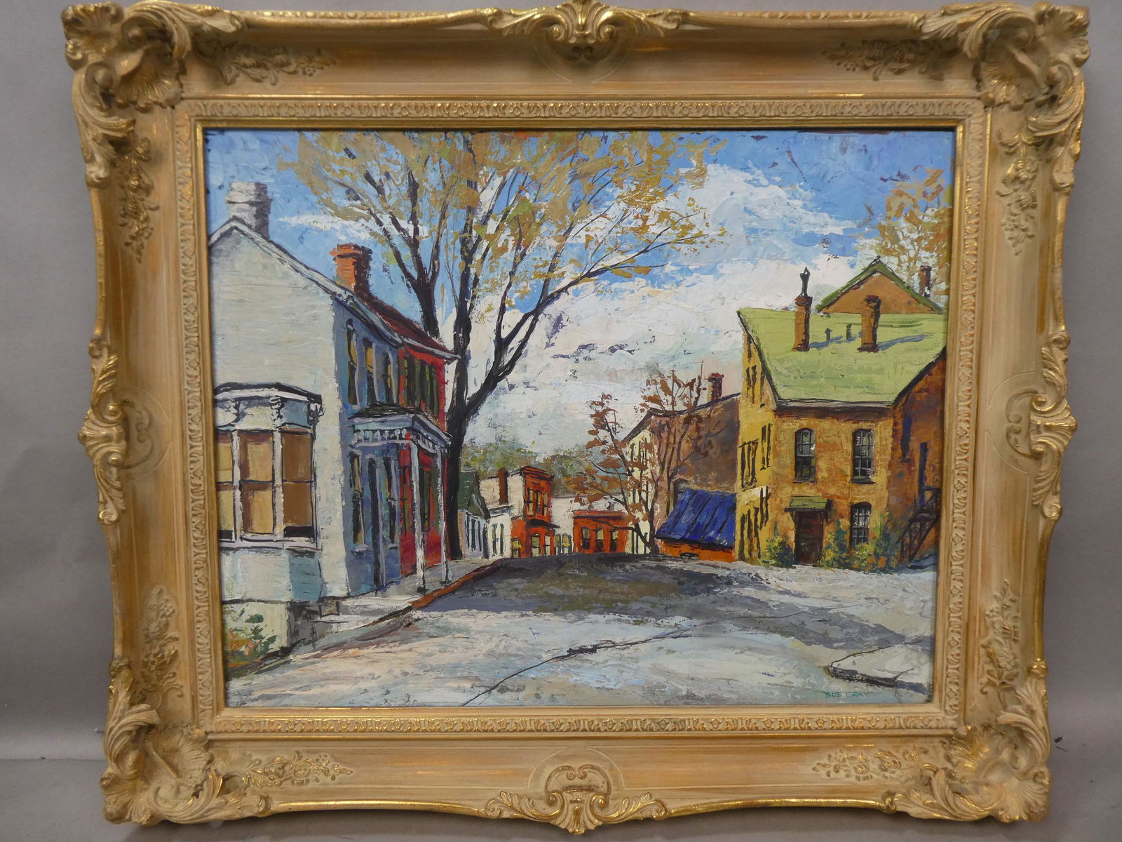 Bob Gray Galena IL Town Oil Painting: Bob Gray Galena IL Town Oil Painting on board in frame. Signed lower right. Listed 20th Century US artist. Measurements in inches: 25 1/2 x 21 1/2, image: 29 x 16 Condition:Good with no problems Shipp