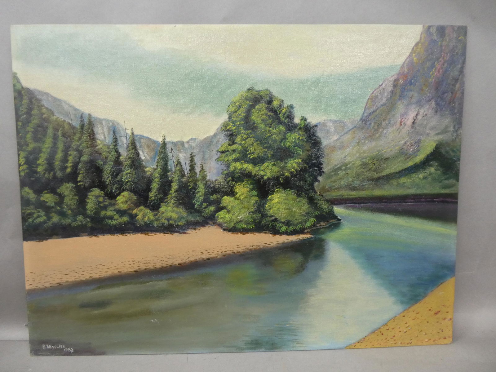 1953 B Nevelier Signed Mountains & Lake Oil Painting (1 of 13)