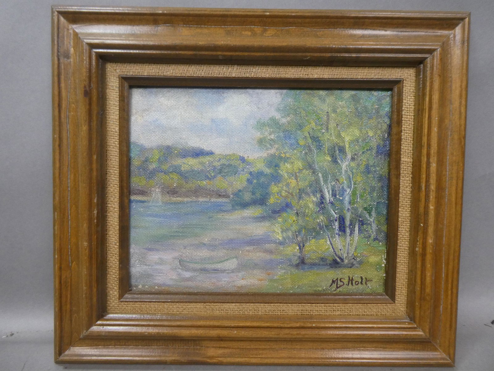 Maud Holt Boat on Pond Oil Painting: Maud Holt Boat on Pond Oil Painting on boarding frame. Listed Illinois artist born 1866-1952. Measurements in inches: 15 1/2 x 13 1/2, image 10 x 8 Condition:Has some small paint loss Shipping:We offe