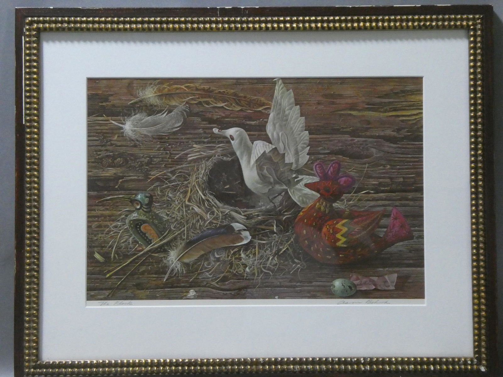Aaron Bohrod Pencil Signed The Flock Lithograph: Aaron Bohrod Pencil Signed The Flock Lithograph. Signed lower right and titled lower left. Framed under glass. Measurements in inches: 23 1/2 x 18 1/2, image: 11 x 16 1/2 Condition:Good with no proble