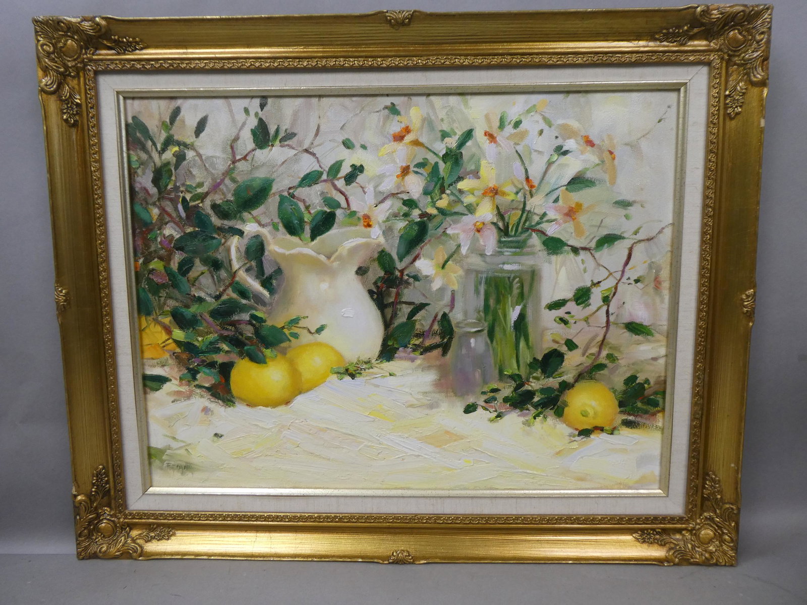 Diane Fedyna Lemons Still-Life Oil Painting: Diane Fedyna Lemons Still-Life Oil Painting on canvas in frame. Signed lower left and on back of stretcher. Listed Minnesota 20th/21th century artist. Measurements in inches: 30 x 24, image: 24 x 18 C
