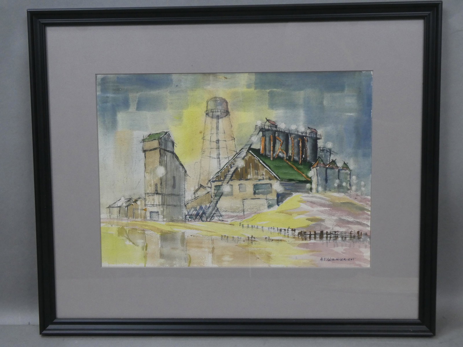 Alice F Wainwright Milwaukee Industrial Watercolor: Alice F Wainwright Milwaukee Industrial Watercolor Painting framed under glass. Signed lower right. Wisconsin WPA artist. Measurements in inches: 21 x 17, image: 14 x 10 Condition:Some chipping along 
