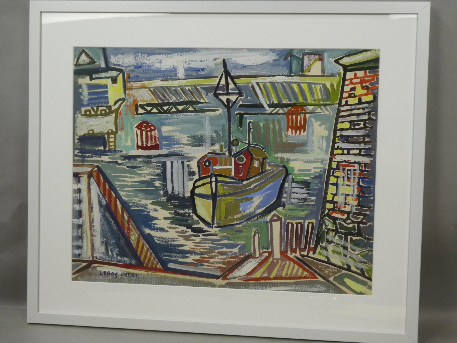1930's Leroy Ebert Milwaukee Canal Scene Watercolor: 1930's Leroy Ebert Milwaukee Canal Scene Watercolor and Gauche painting framed under glass. Signed lower left. Wisconsin WPA artist. Measurements in inches: 32 x 27, image: 24 1/2 x 19 1/4 Condition:G
