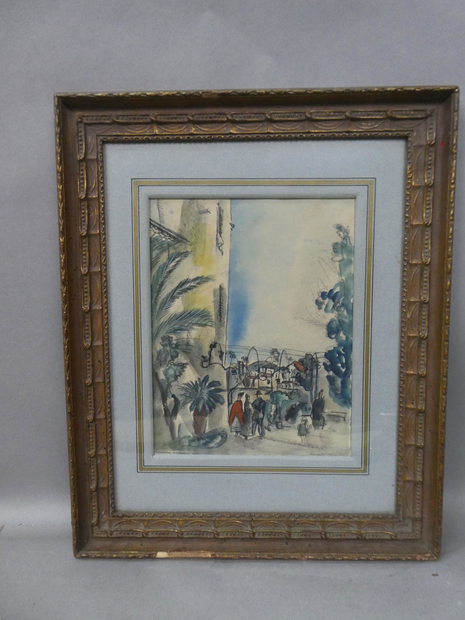 Hermine David French Street Scene Watercolor Painting: Hermine David French Street Scene Watercolor Painting framed under glass. Pencil signed lower right. Listed French artist born 1886-1971. Measurements in inches: 13 1/2 x 17, image: 9 1/2 x 7 Conditio