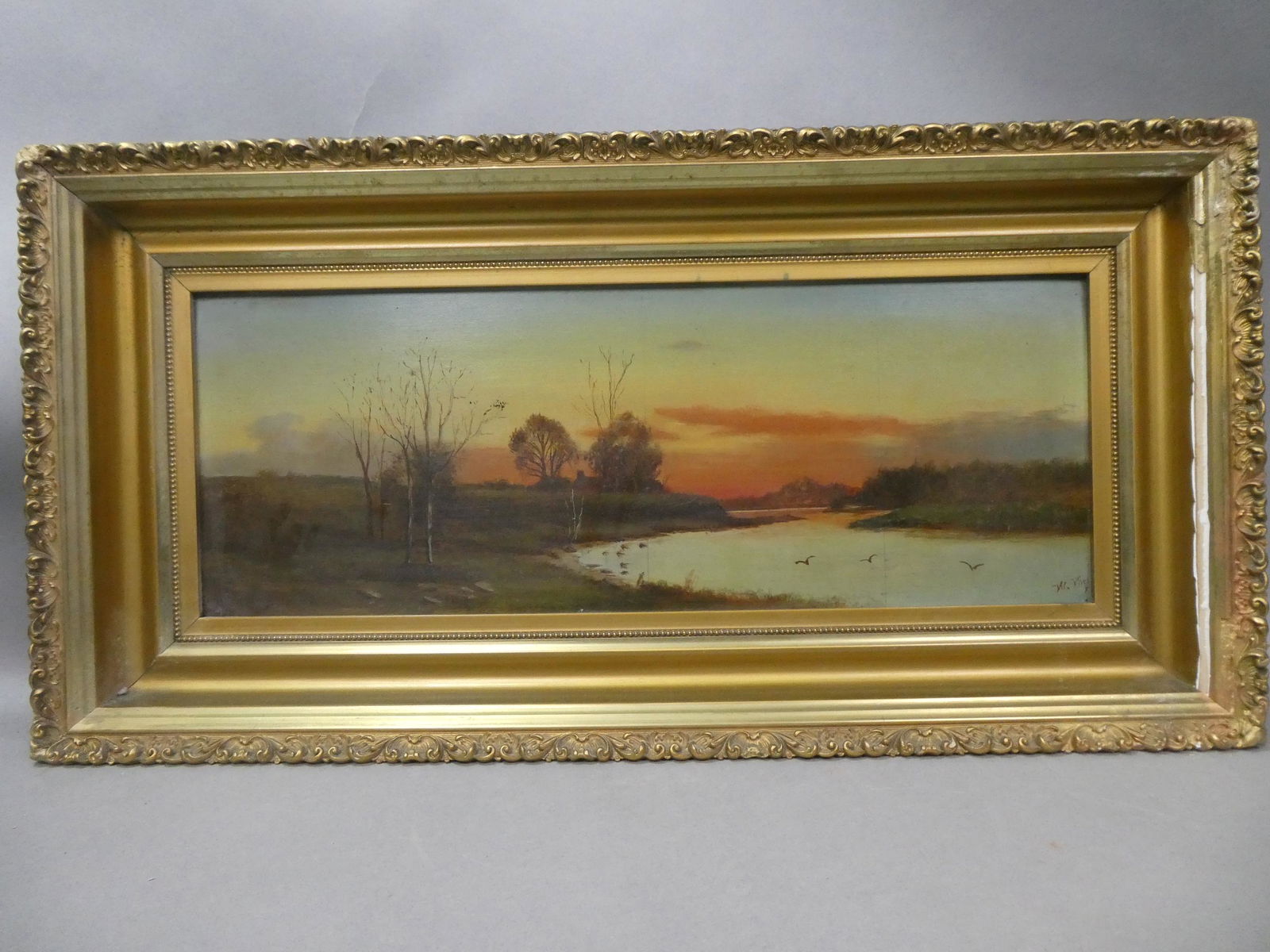 Antique Signed W Vassal Sunset Lake Oil Painting (1 of 9)