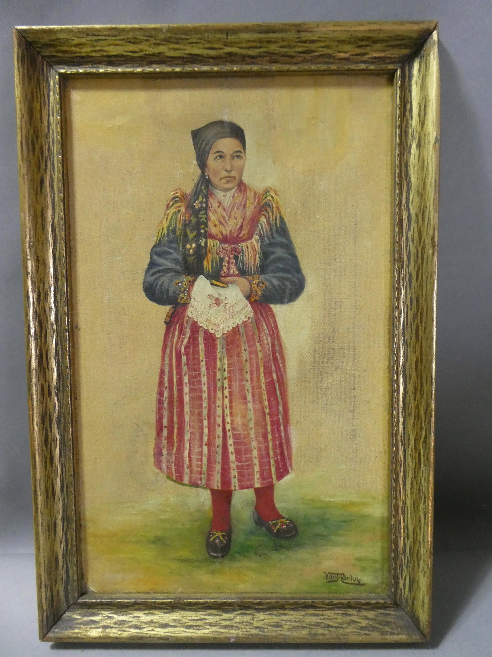1927 Vac Hurka Czech Woman Oil Painting: 1927 Vac Hurka Czech Woman Oil Painting on canvas in frame. Signed lower right and dated on reverse. Measurements in inches: 13 1/2 x 20 1/4, image: 11 x 187 Condition:Has repairs and touch ups. Needs