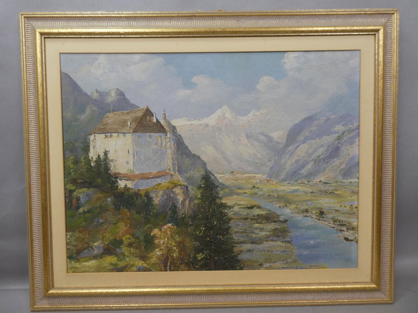 Signed Castle in Mountains Oil Painting (1 of 14)