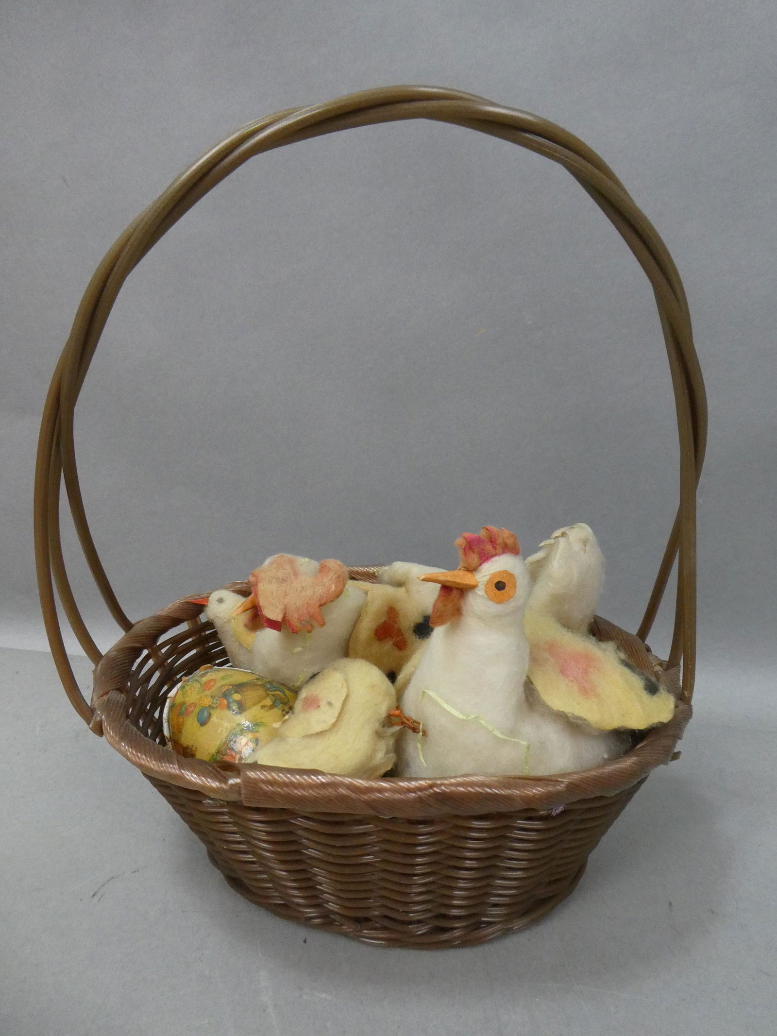 Vintage Plush Chickens Chicks & Egg in Basket (1 of 6)