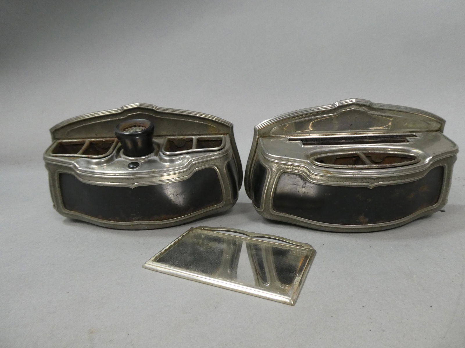 Pair Antique Unknown Auto Car Door Silver Ashtrays w/ Pull Out Mirror (1 of 8)