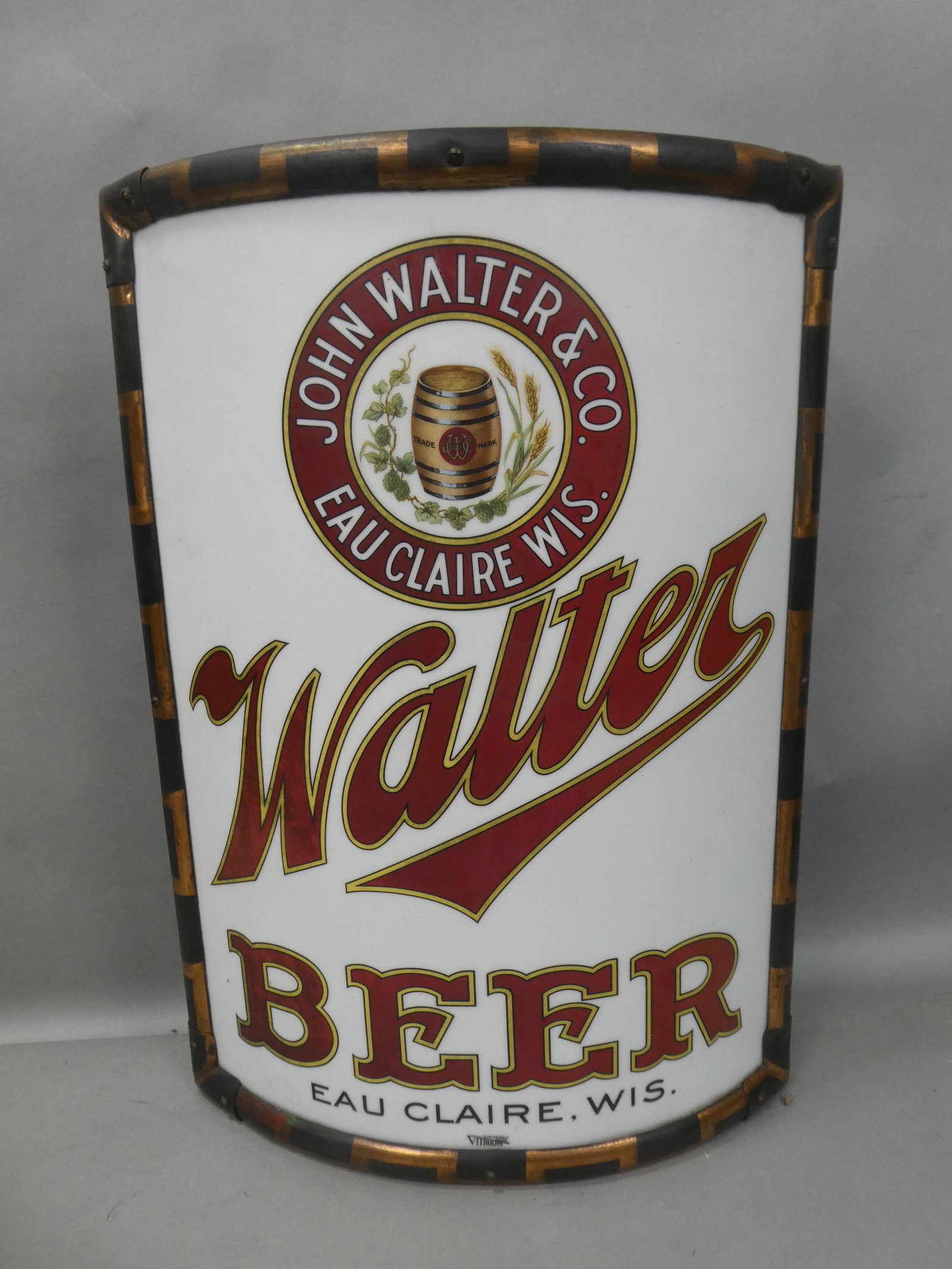 Antique Glass Vitrolite Walter Beer Sign Eau Claire WI: Antique Virolite curved glass Walter Beer sign with , metal, wood and copper frame, By John Walter & Co Eau Claire WI. Measurements in inches: 23 high x 16 1/2 x 4 deep Condition:Minor wear with age a