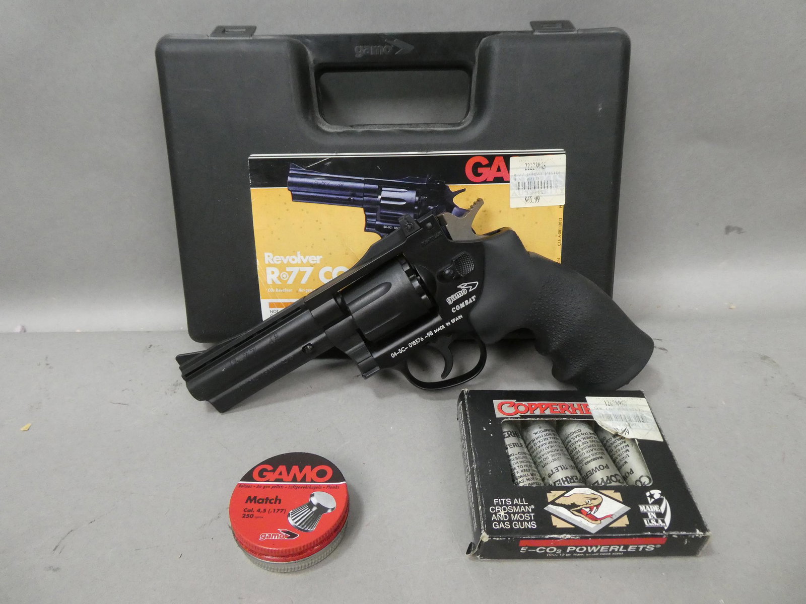 1998 Gamo Air Revolver R77 Combat 4" in Case: Vintage Gamo Air Revolver R77 Combat 4" in Case. Condition:Used, in good condition Shipping:We offer in-house shipping. Item(s) will be packed after invoice is paid and shipping charge will be invoice